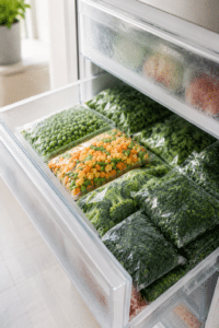 Meal Prep Ideen — organisierter Kühlschrank mit Behältern, Rondeln und Saucenfächern