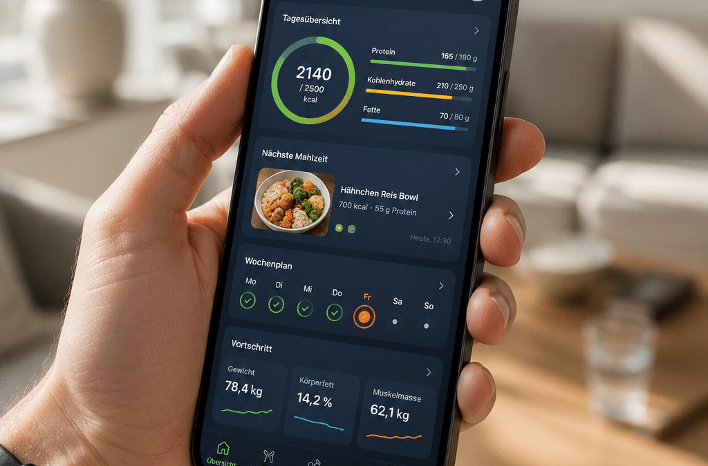 Ernährungsplan Männer — Mann trackt Mahlzeiten in App auf dem Smartphone