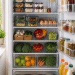 Meal Prep Ideen — Meal Prep Behälter nach Mahlzeiten sortiert im Kühlschrank