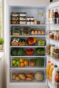 Meal Prep Ideen — Meal Prep Behälter nach Mahlzeiten sortiert im Kühlschrank