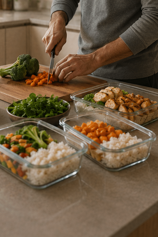 Meal Prep Küche in Aktion — Mann bereitet mehrere Mahlzeiten gleichzeitig vor