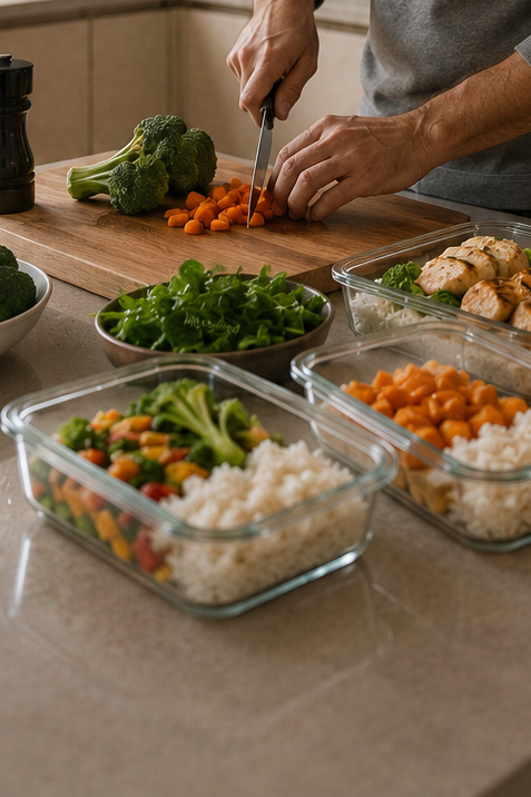 Meal Prep Männer beim Kochen — Vorbereitung gesunder Mahlzeiten für die Woche