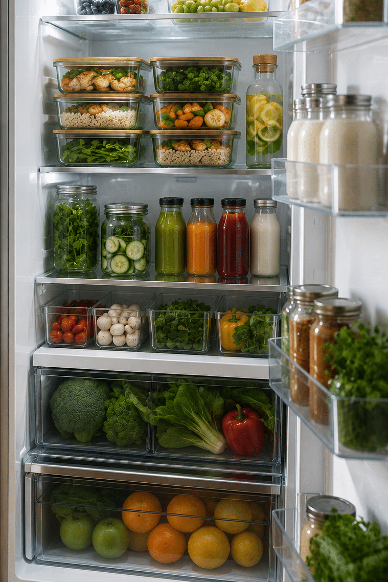 Meal Prep spart Geld im Vergleich — organiserter Kühlschrank statt täglich auswärts essen