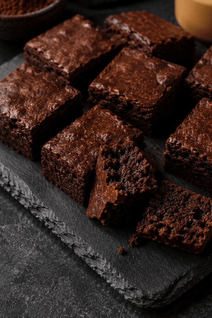 Frisch gebackene Protein Brownies aus dem Ofen — 
schokoladige Würfel mit Whey und Quark selbst gemacht