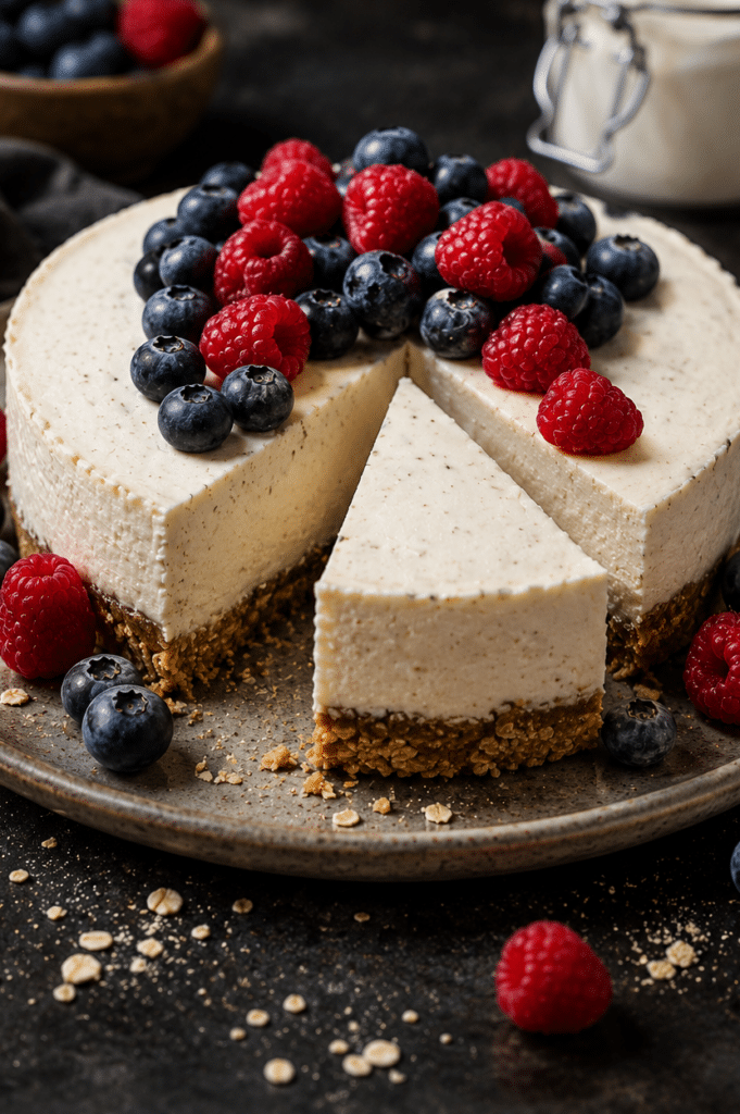 Protein Cheesecake angeschnitten mit Haferflocken-Boden — 
gesundes Dessert selber machen ohne Verzicht