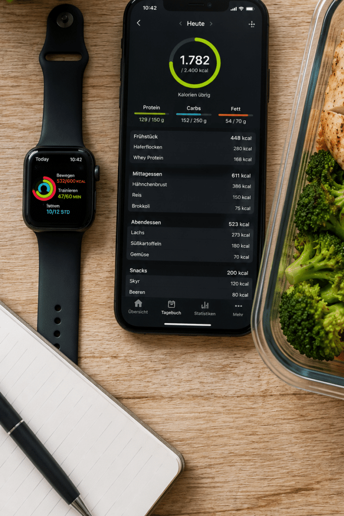 Ernährungsplan Männer — Apple Watch und Smartphone mit Tracking-App auf Tisch
Bildprompt