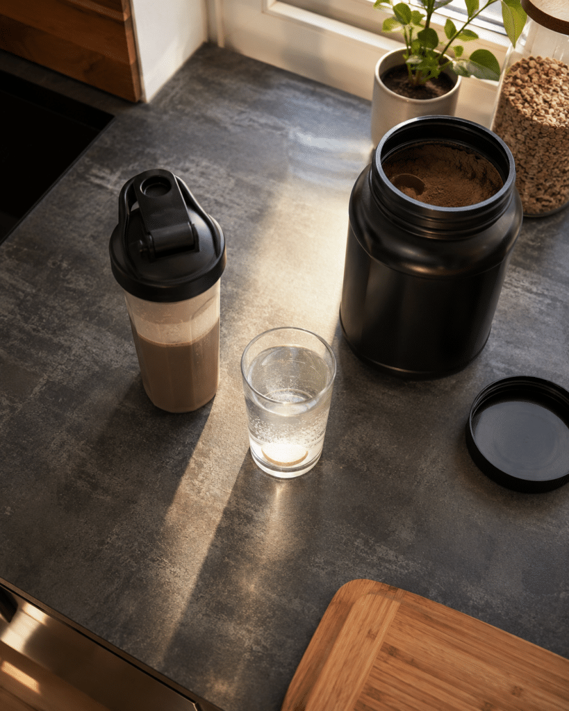 Frühstück für Männer ab 30 — YourStarter Shake, Whey und Elektrolyte auf Küchentheke