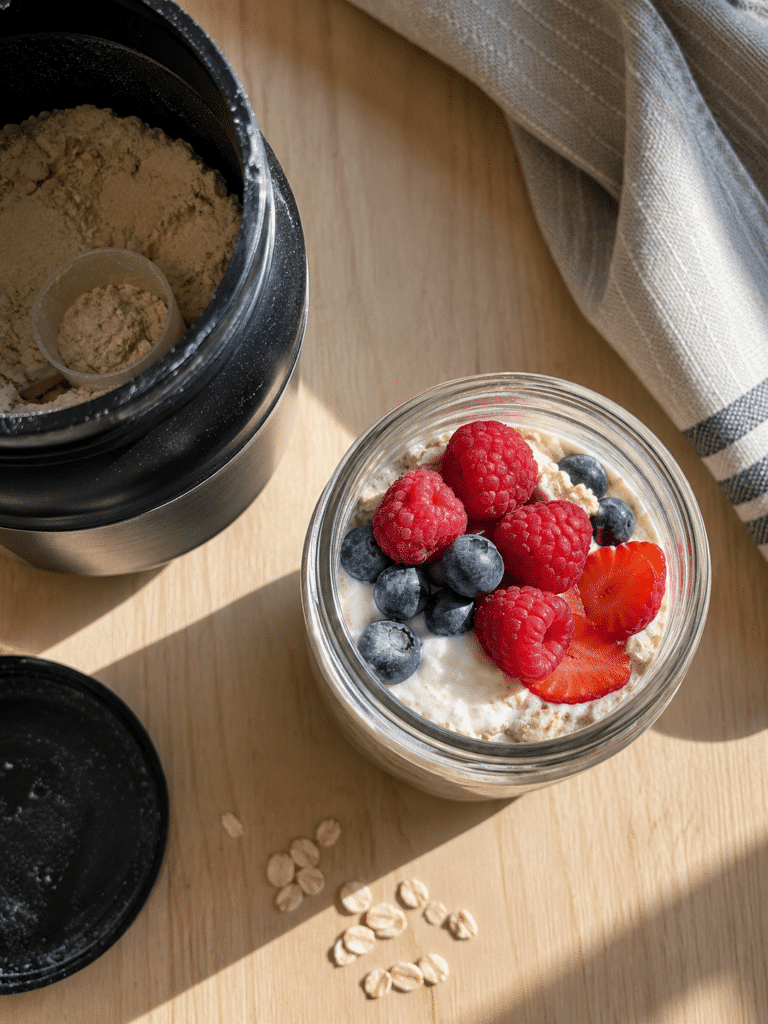 Frühstück für Männer ab 30 — Overnight Oats mit Whey im Glas vorbereitet für den nächsten Morgen