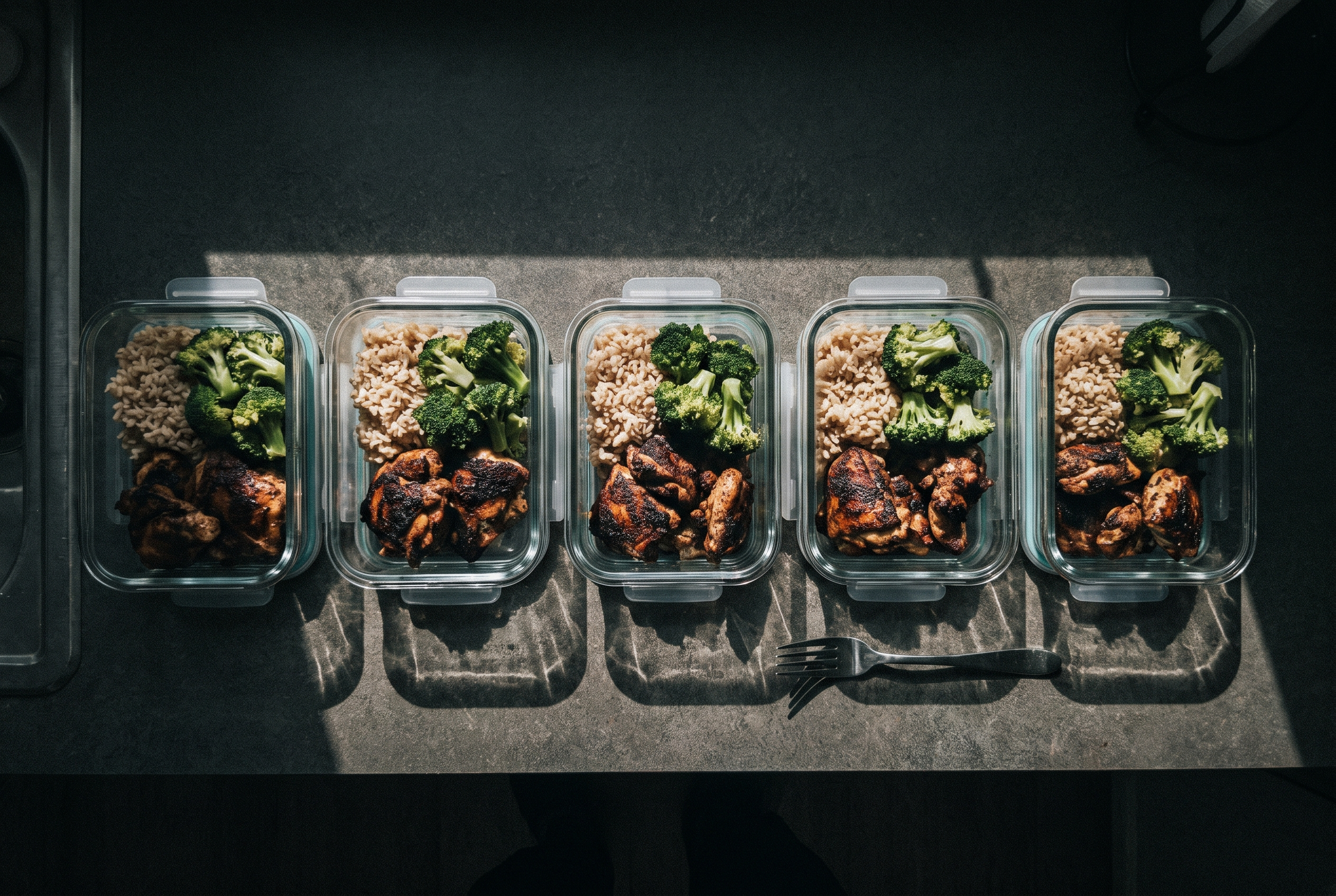 Meal Prep für Berufstätige: fünf vorbereitete Behälter für die Woche