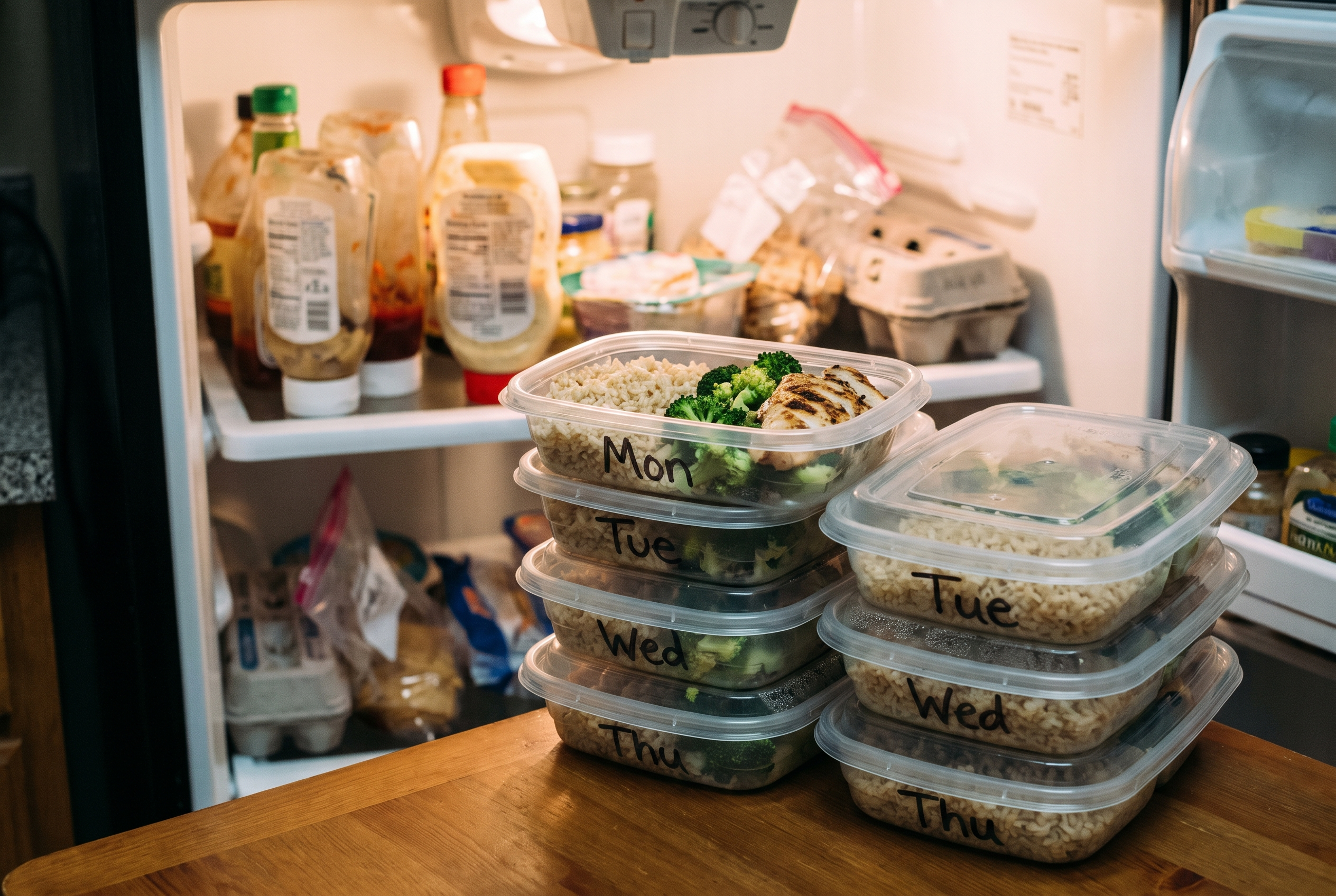 Meal Prep Behälter im Kühlschrank, beschriftet nach Wochentagen