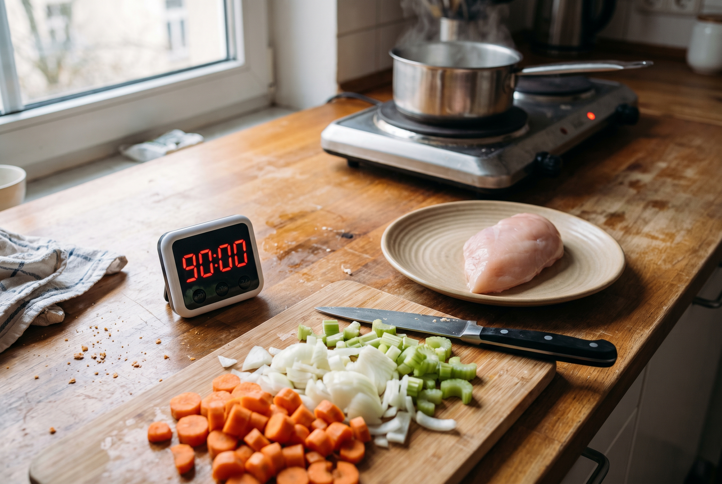Meal Prep Sonntag: Timer 90 Minuten, paralleles Kochen von Gemüse, Reis und Hähnchen