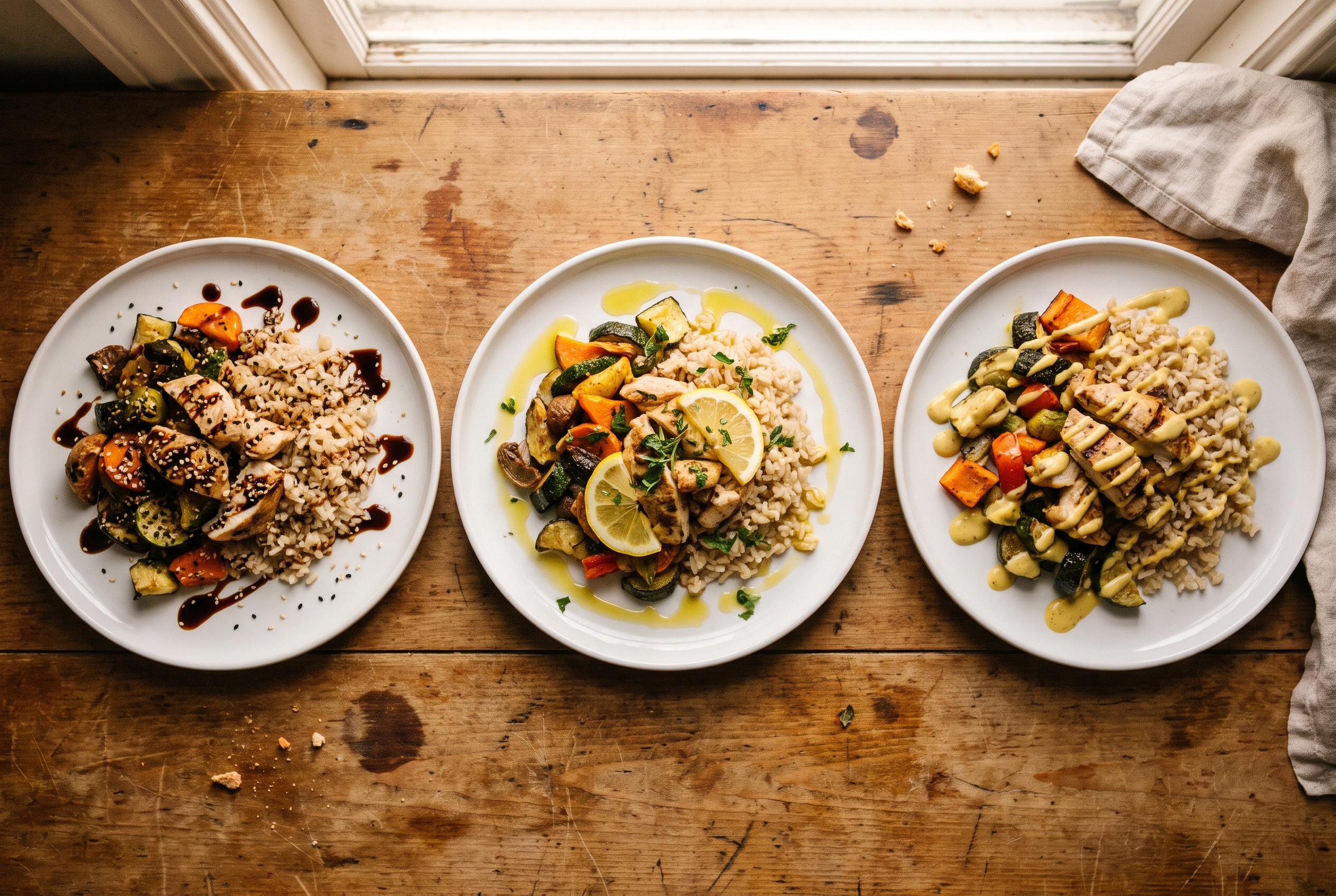 Drei verschiedene Geschmäcker aus einer Meal Prep Basis mit unterschiedlichen Saucen