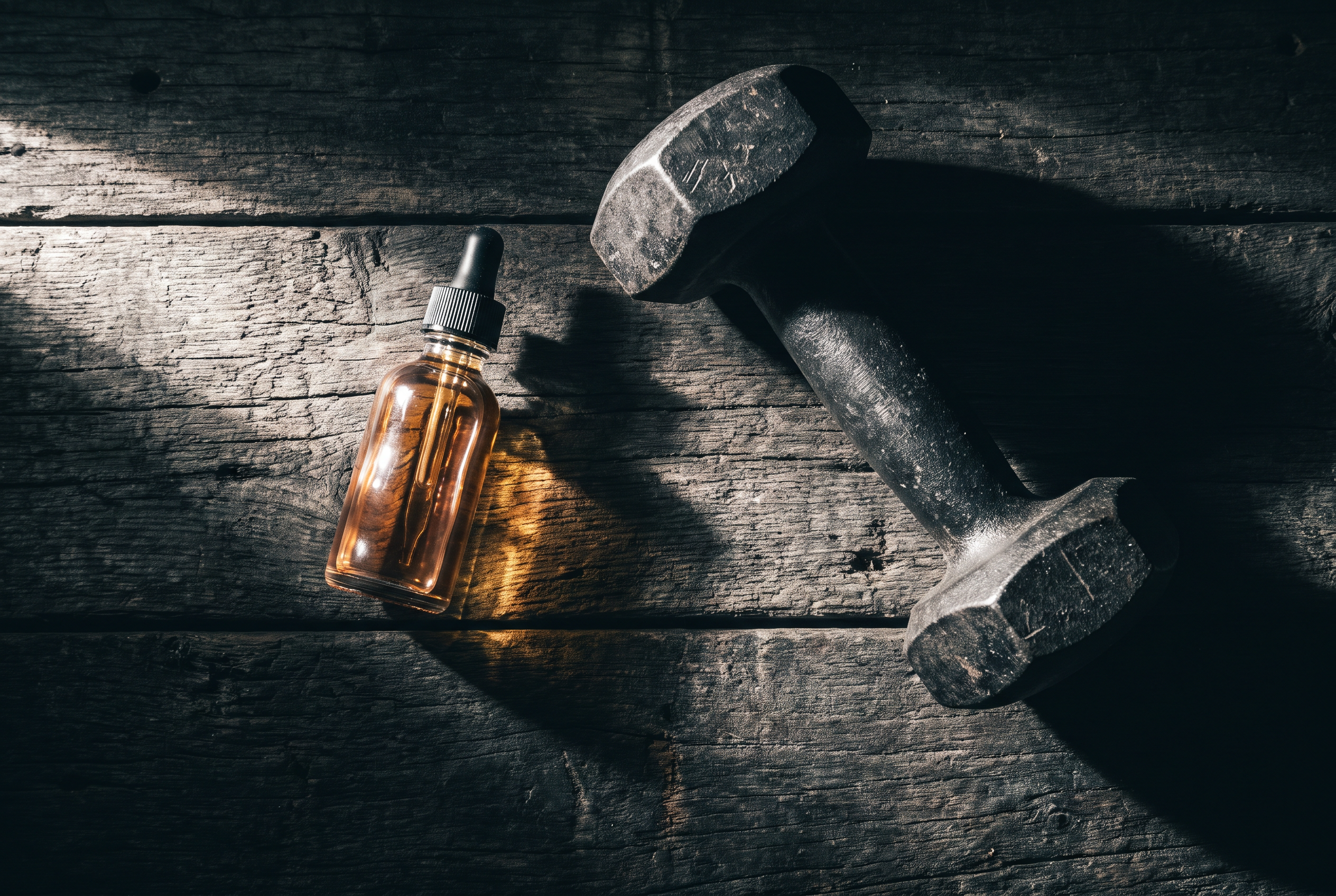 Anti Aging Männer: Serum-Flasche und Hantel im dramatischen Licht — Disziplin statt Luxus