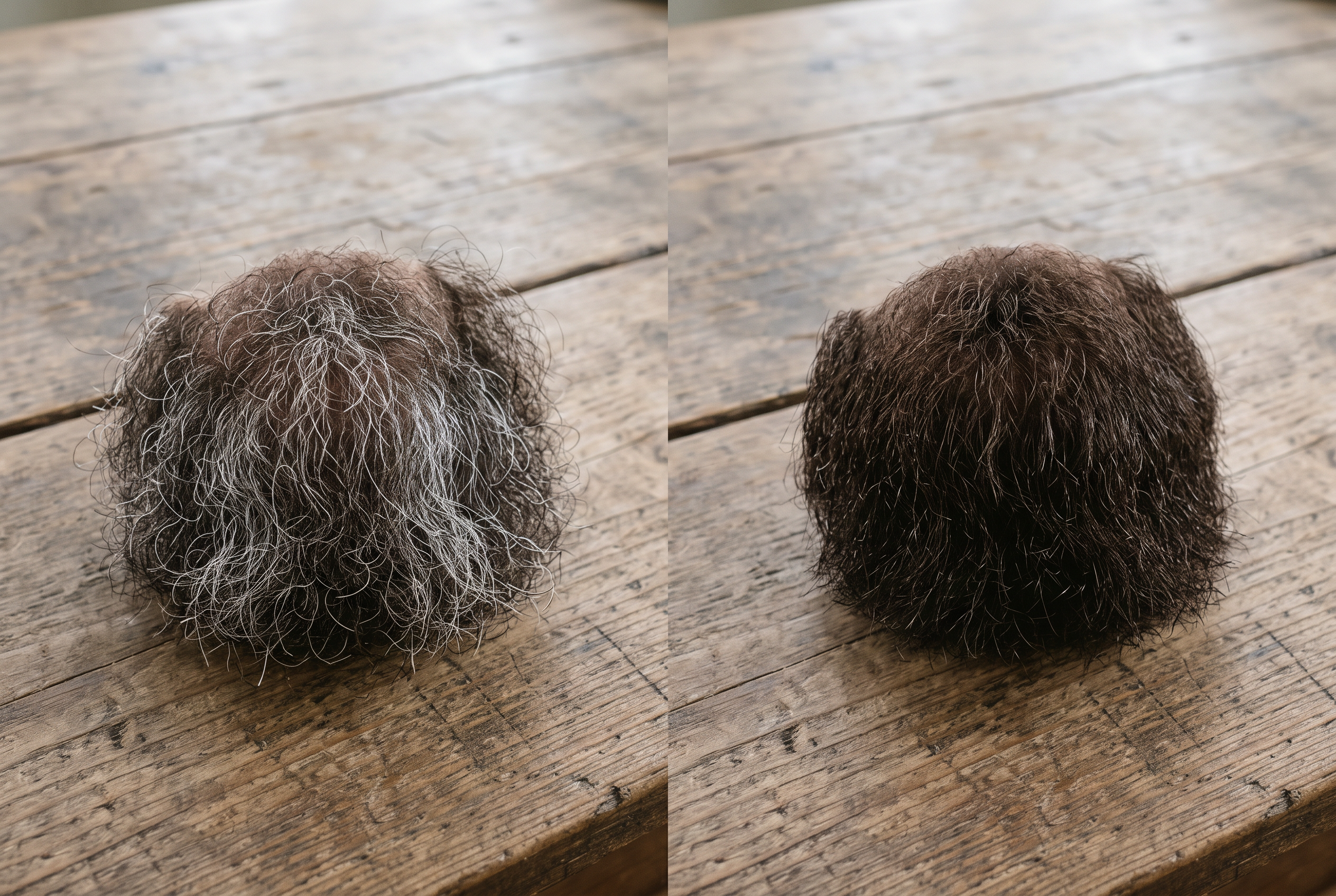 Vorher-Nachher Vergleich Ziegenbart mit grauen Haaren und nach dem Färben