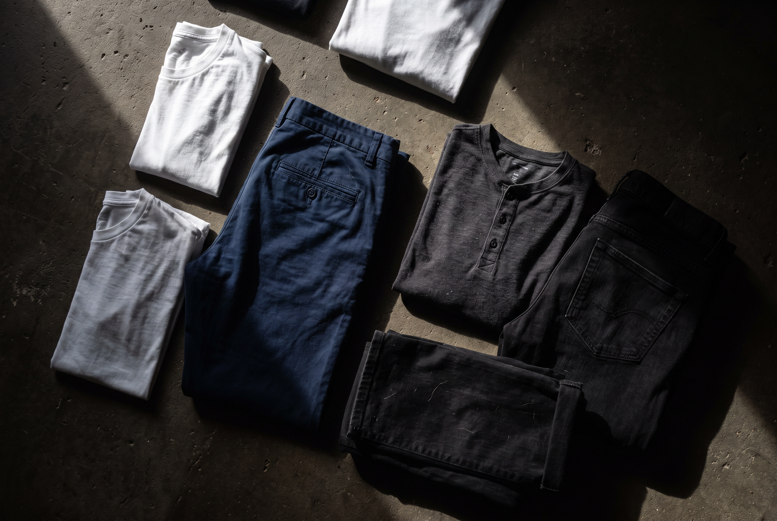Capsule Wardrobe Männer — 30 essenzielle Kleidungsstücke ausgelegt auf dunklem Boden