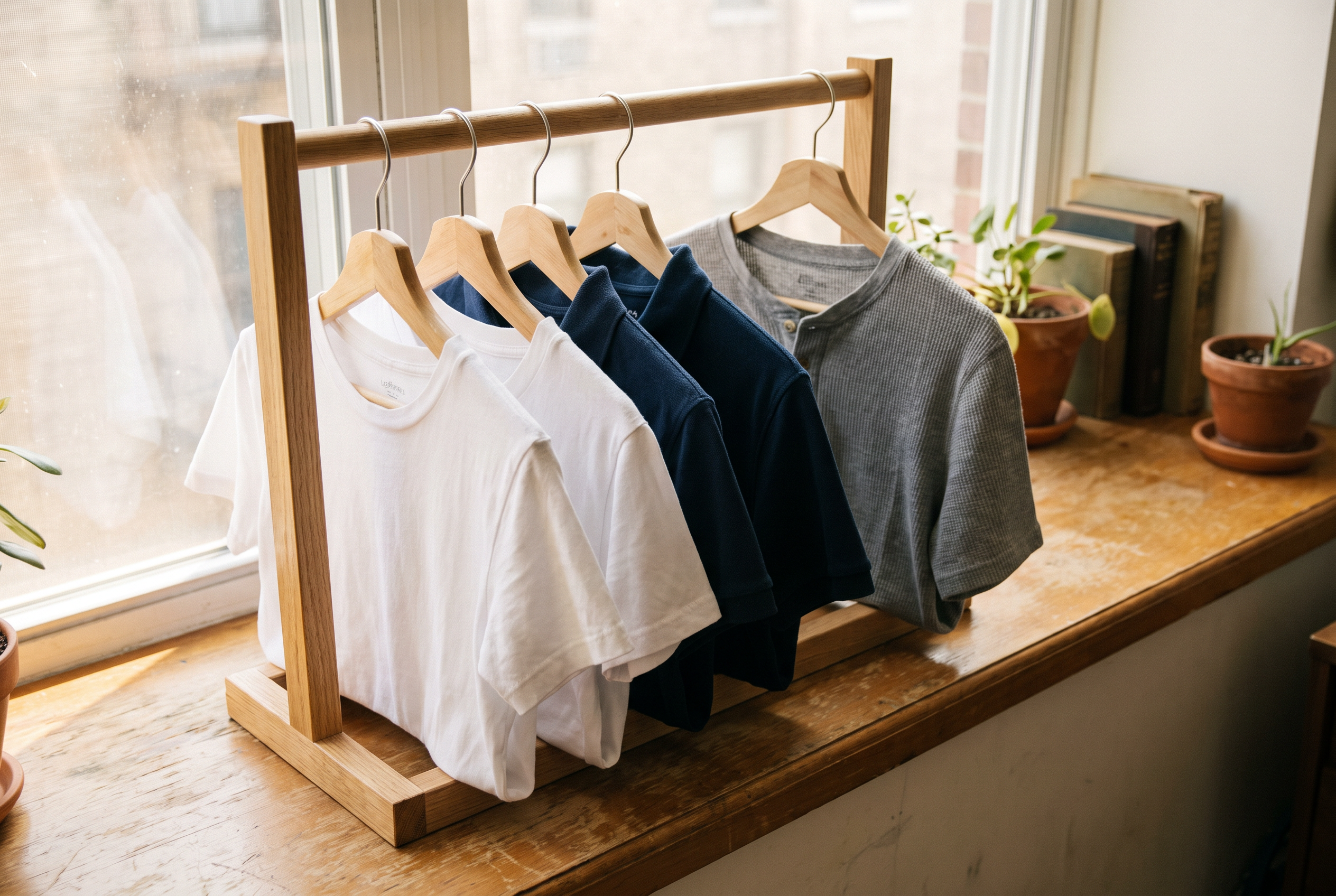Offener Kleiderschrank mit Capsule Wardrobe — nur getragene Basics an der Stange