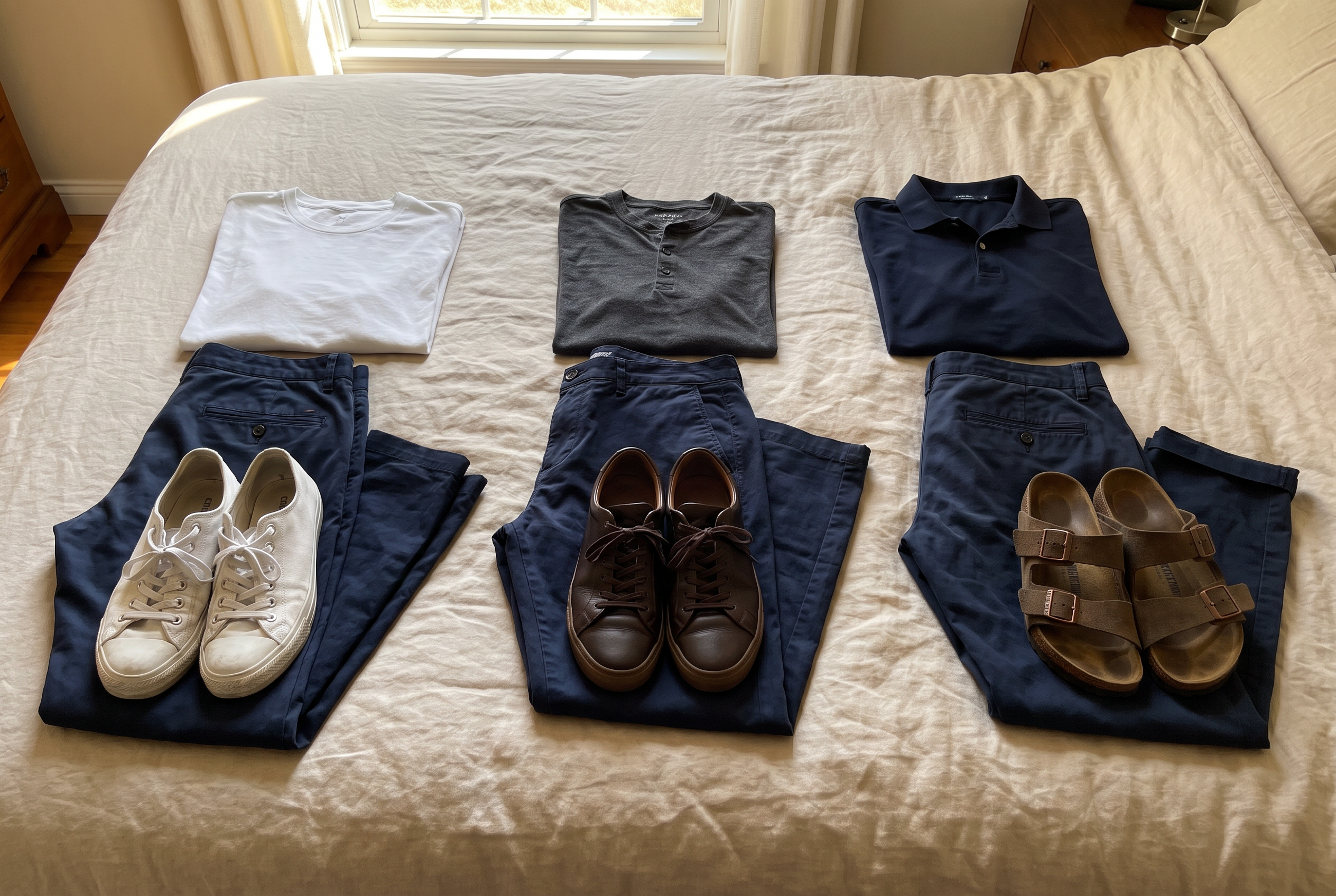 Drei verschiedene Outfits aus derselben Capsule Wardrobe — Kombinationsbeispiele für Männer