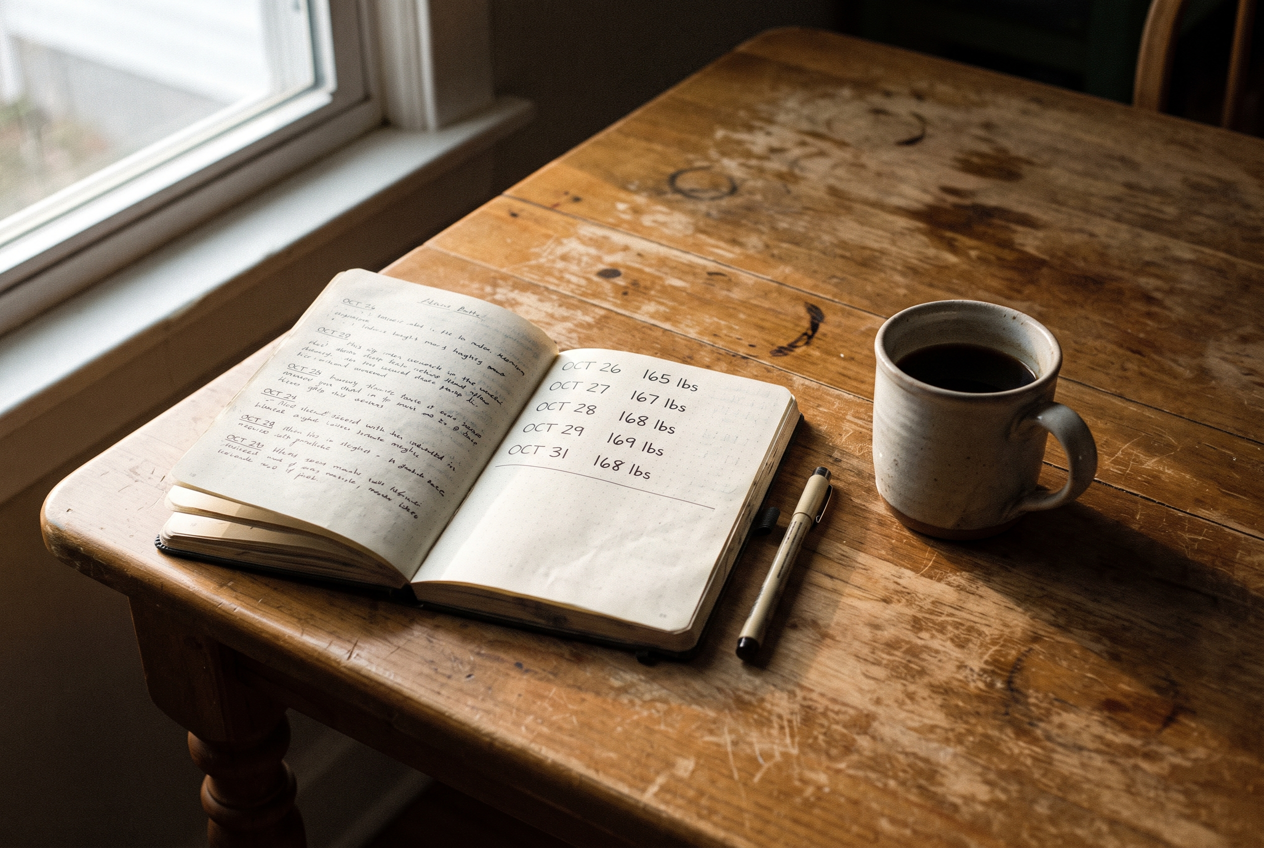Trainingslog im Notizbuch mit Datum und Gewichten – so tracke ich meine 8-Wochen-Fortschritte