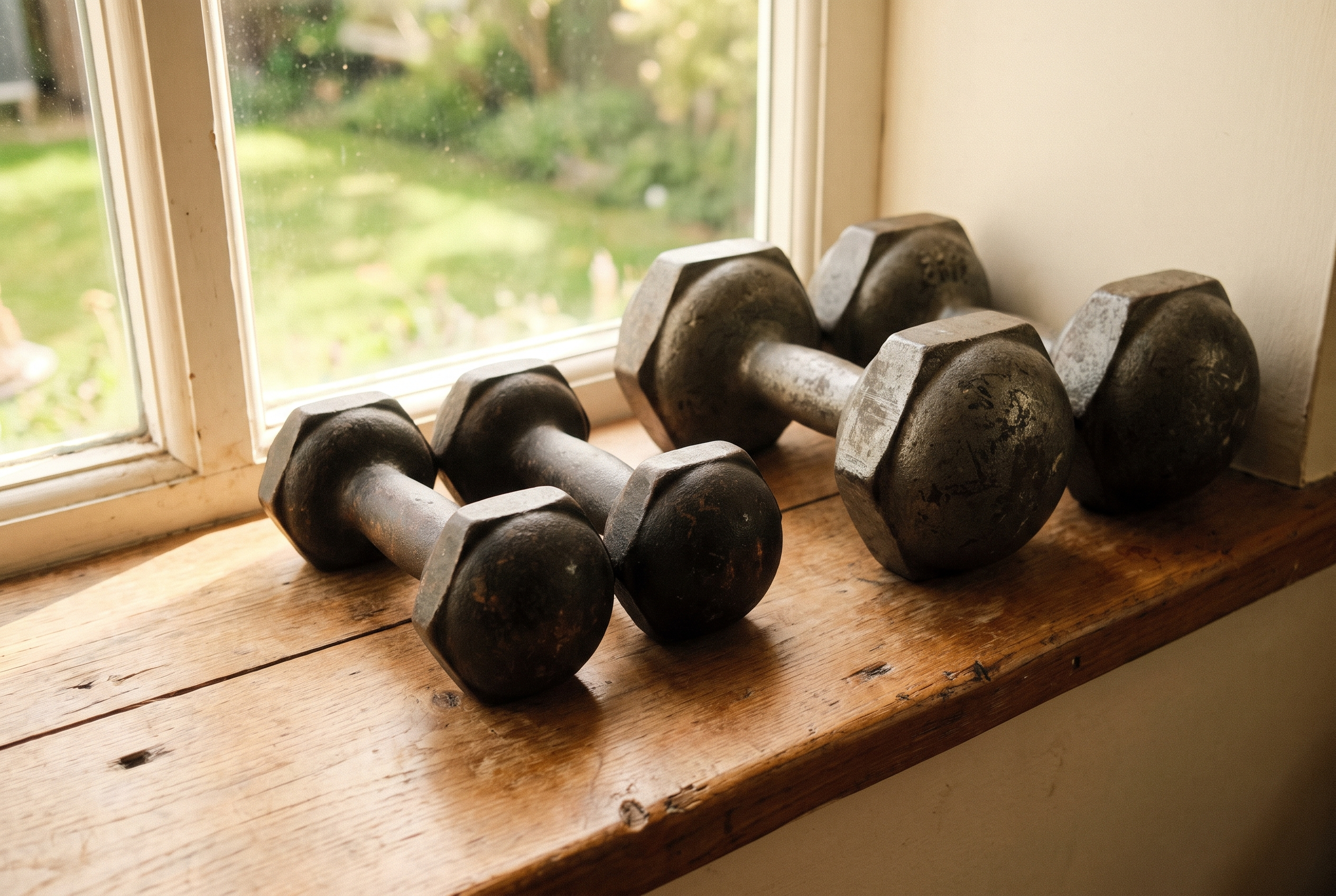 Zwei Hantelpaare nebeneinander – 12 kg und 16 kg zeigen die Progression nach 8 Wochen
