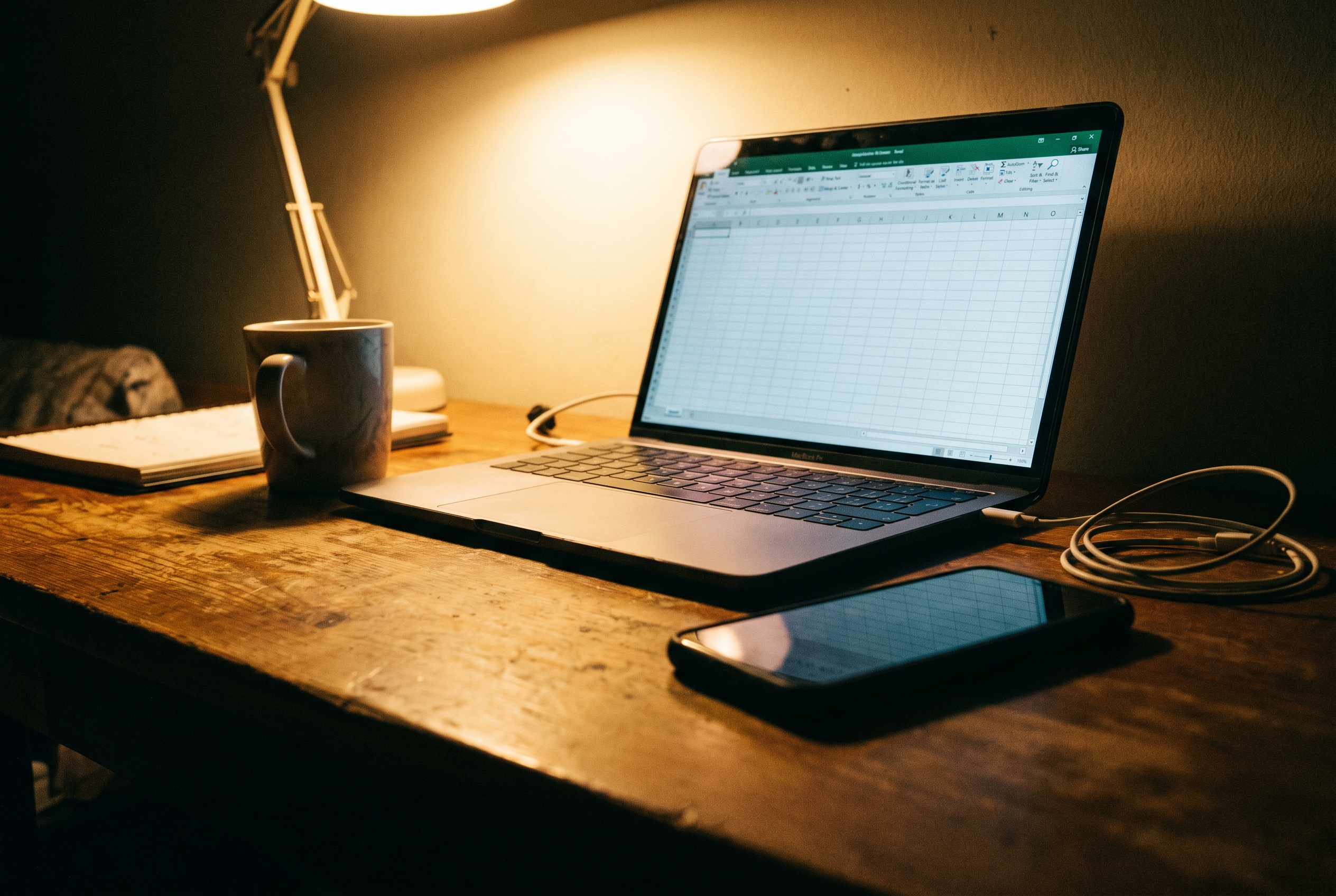 Laptop mit Einnahmen-Ausgaben-Tabelle auf Schreibtisch am Abend