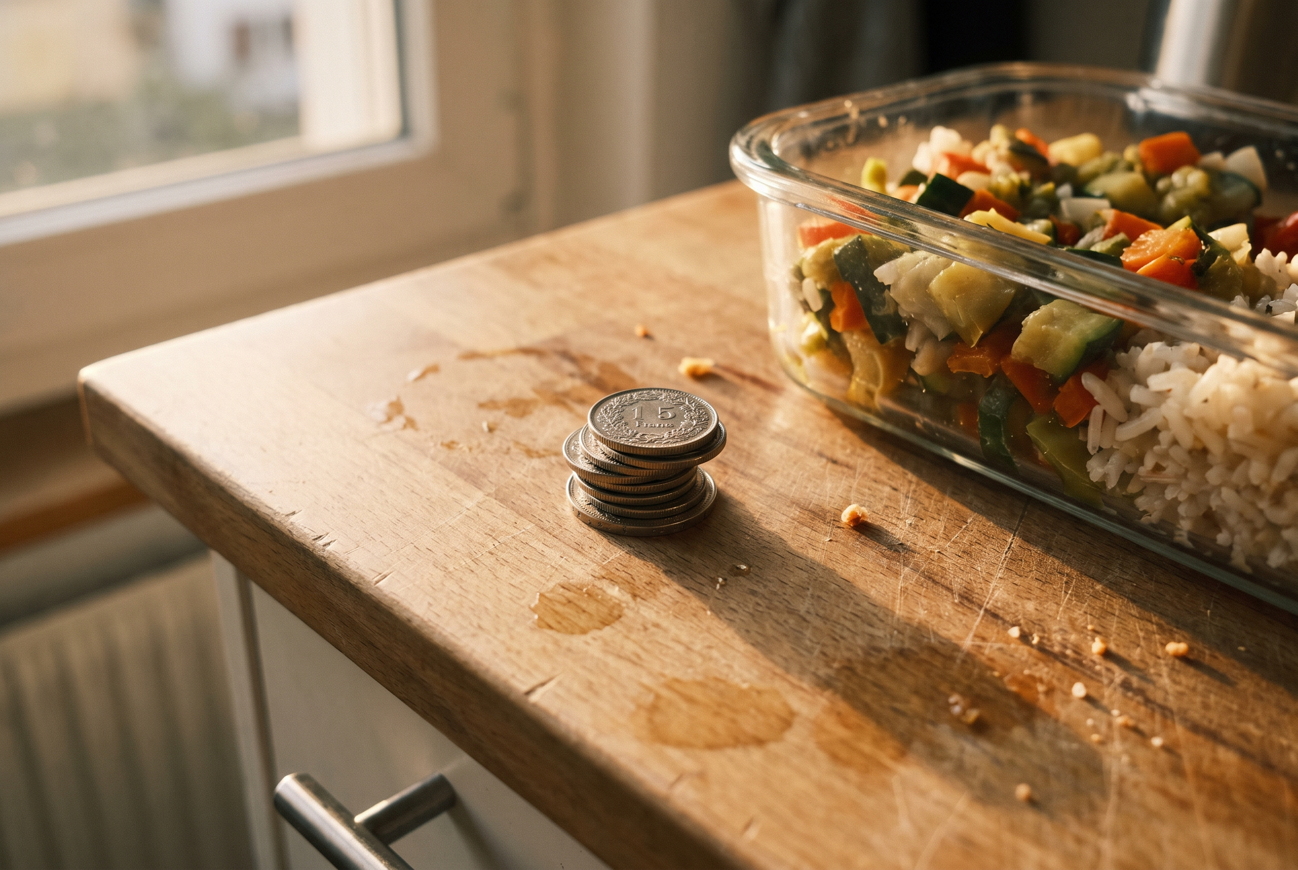 Stapel Schweizer Franken-Münzen neben Meal-Prep-Box auf Küchentheke