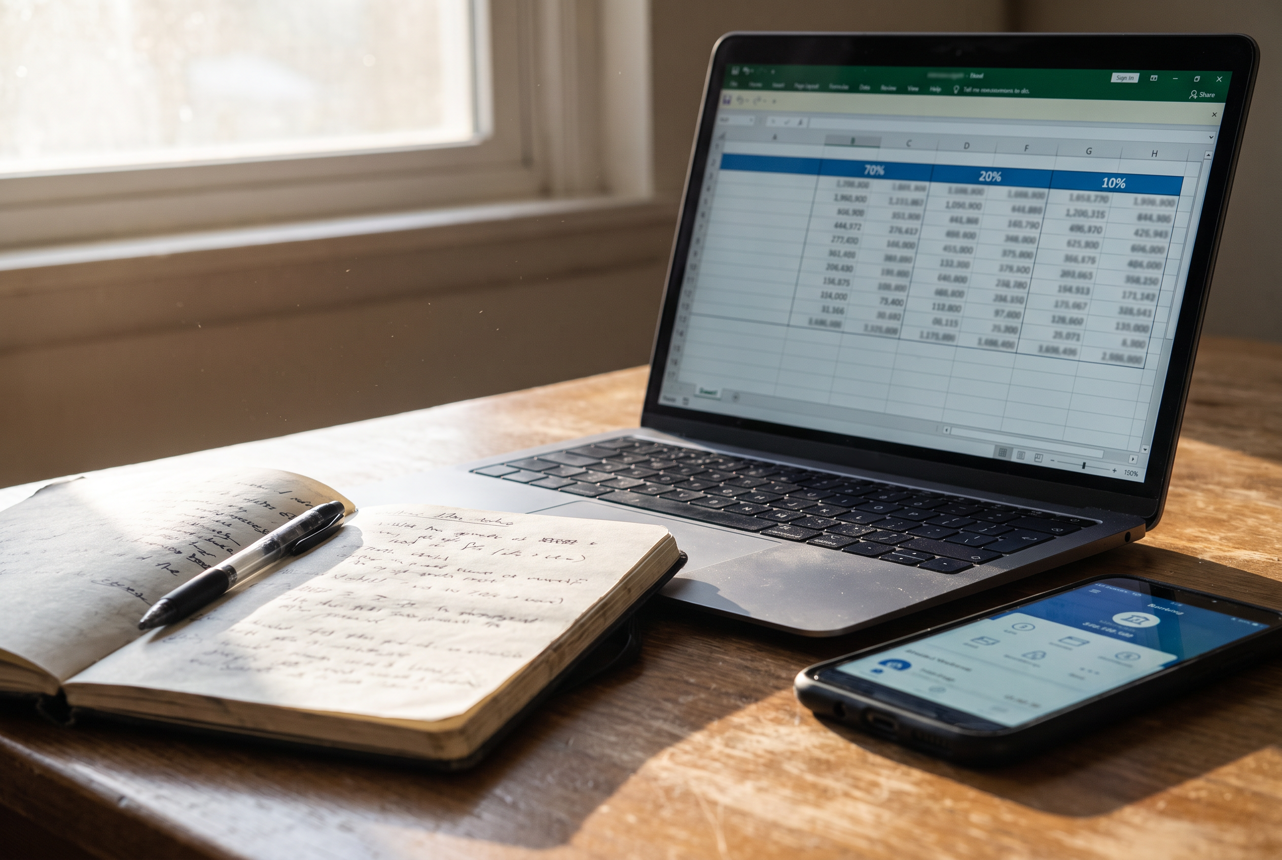 Angepasster Budget-Ansatz 70-20-10 auf Laptop-Tabelle