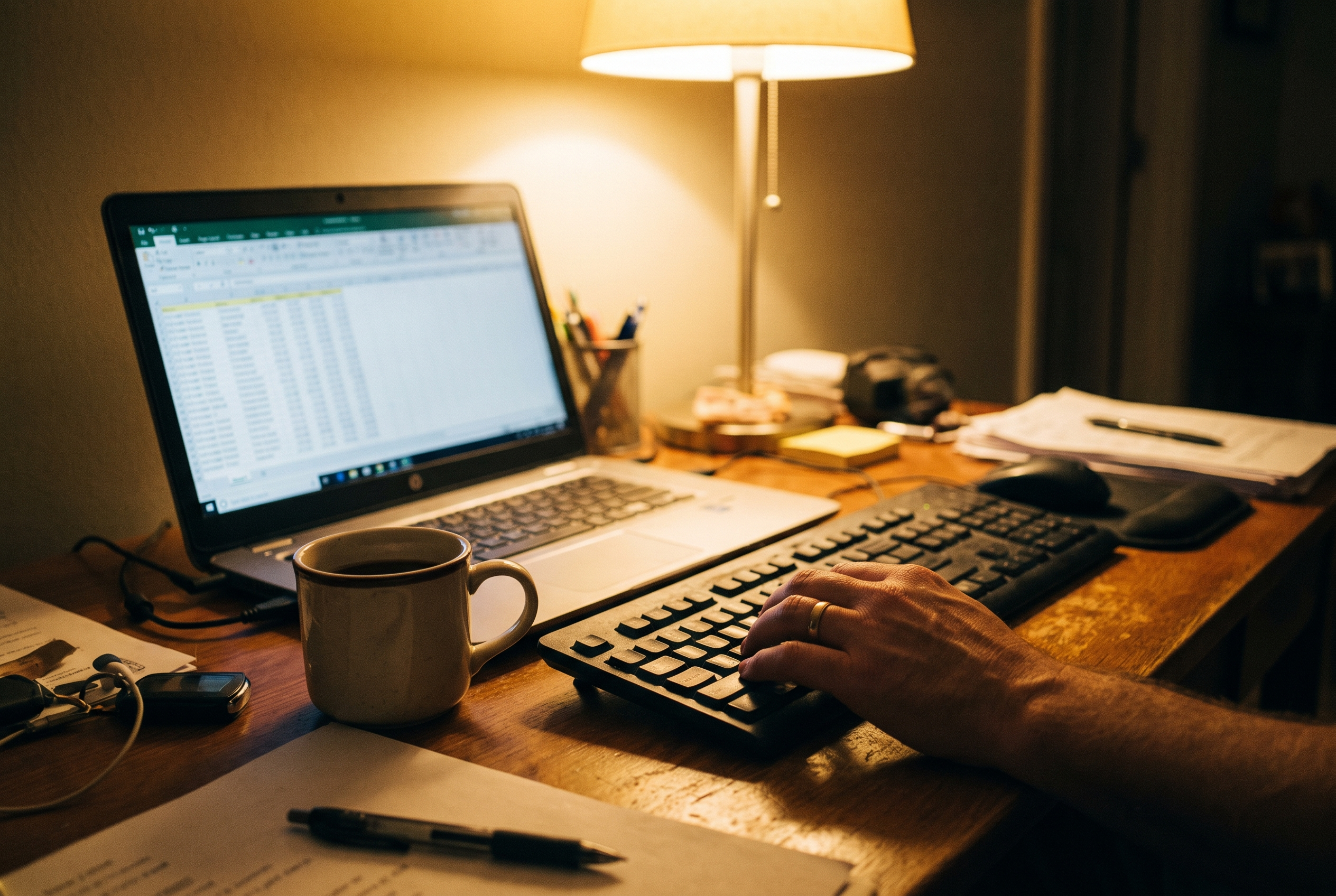 Dividenden-Tracking-Tabelle auf Laptop — Arbeitsplatz abends