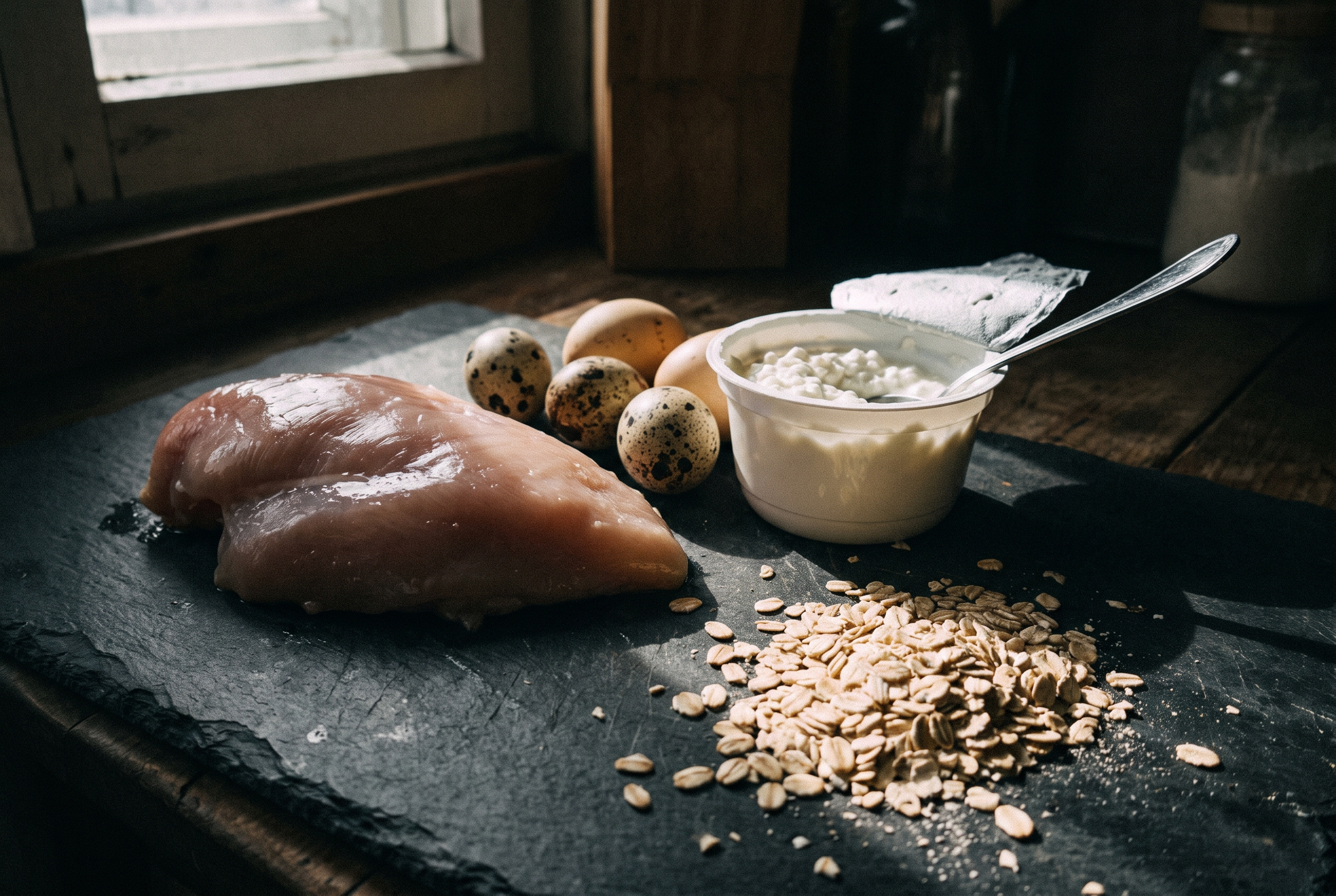 Einkaufsliste Muskelaufbau mit Hühnerbrust Eiern Quark und Haferflocken auf dunklem Küchentisch