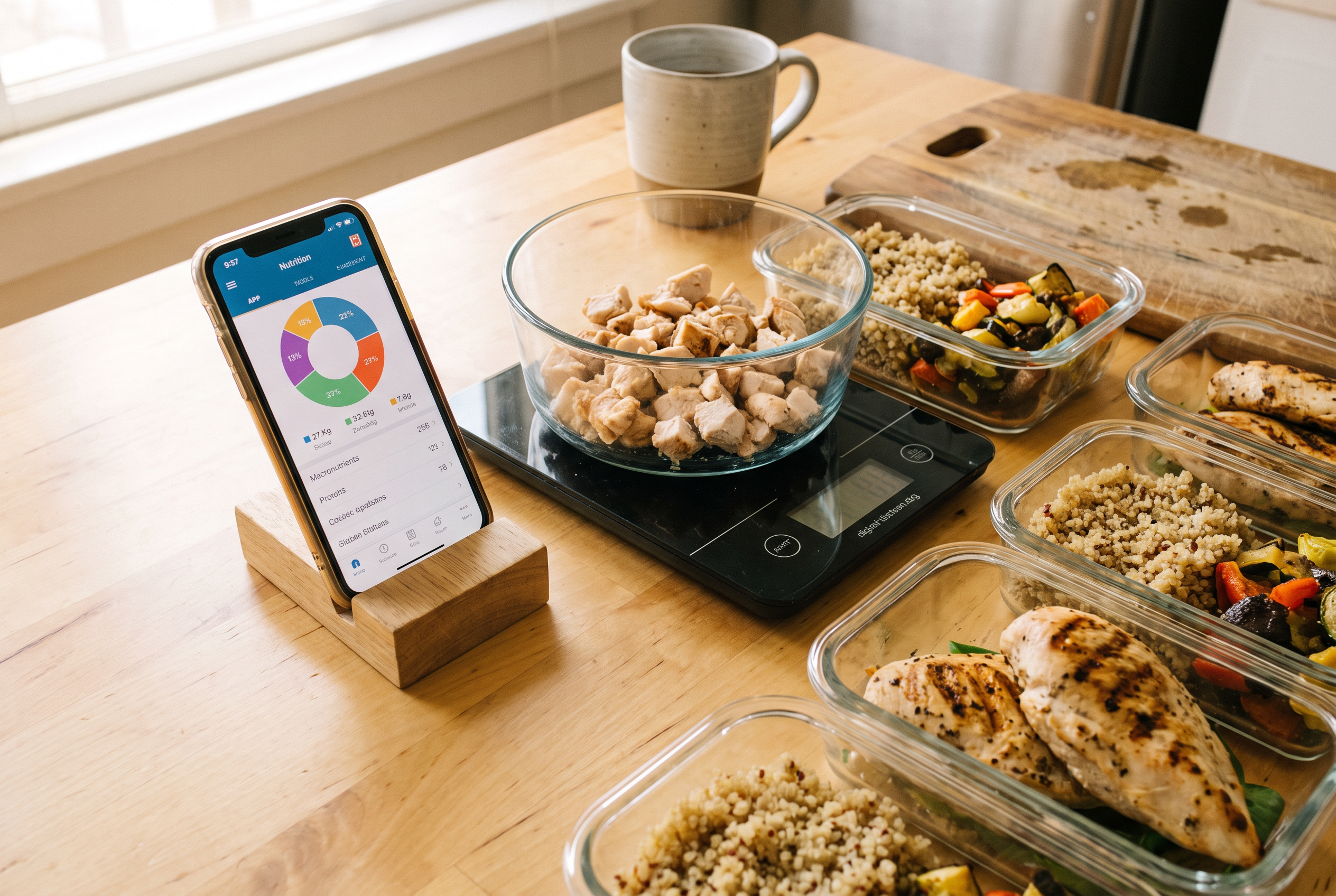 Tracking-App und Küchenwaage für präzise Makronährstoffe beim Muskelaufbau