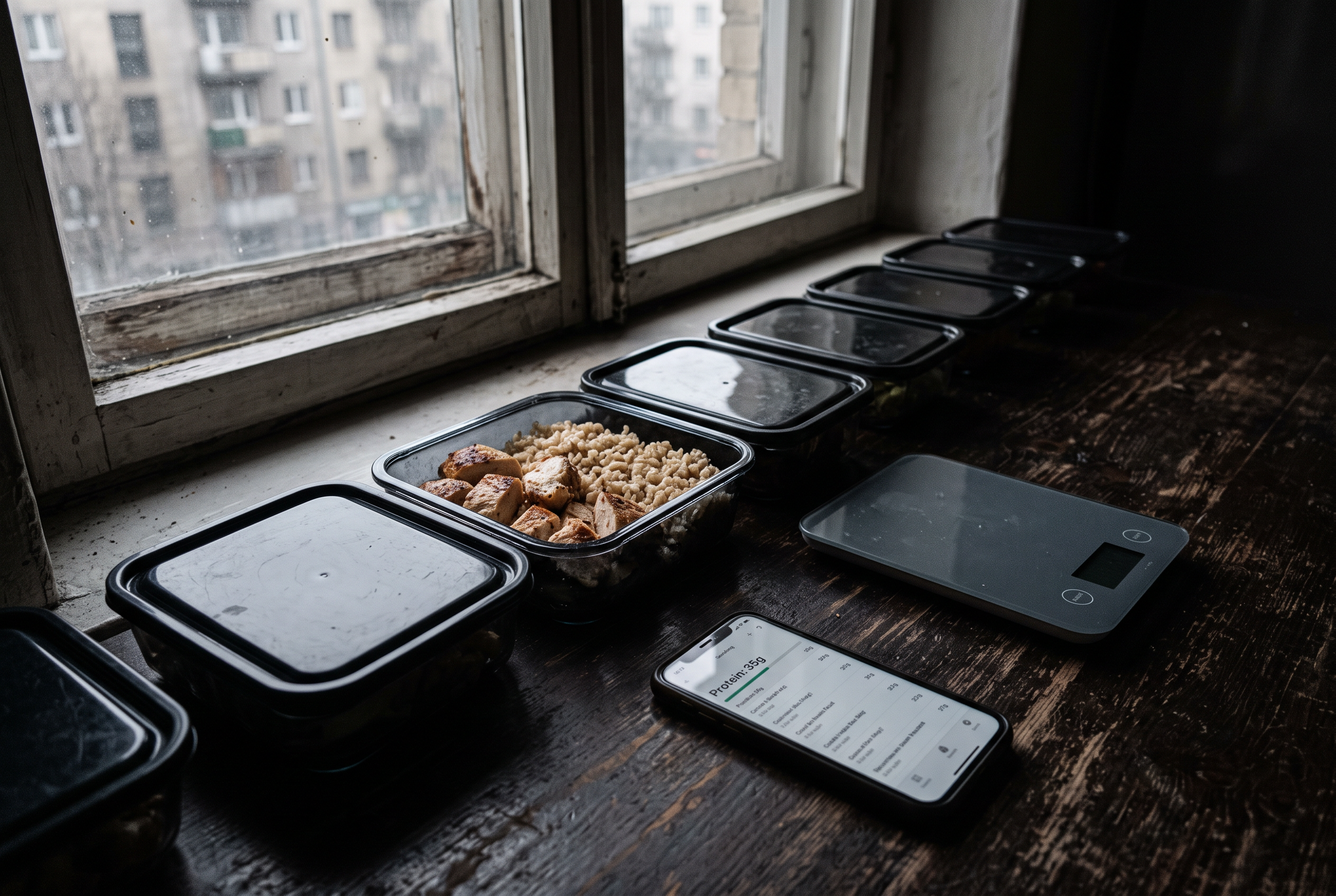 Ernährungsplan für Männer — Meal-Prep-Boxen, Küchenwaage und Tracking-App auf dunklem Holztisch
