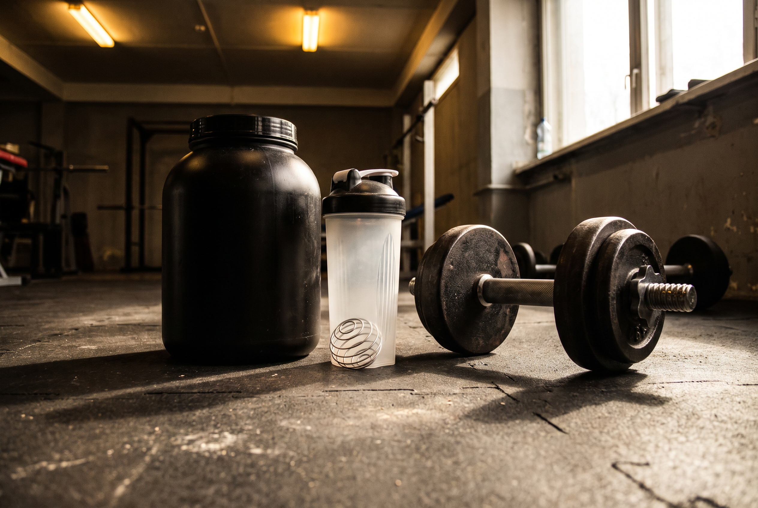 Whey-Protein und Shaker neben Hantel im Gym — Proteinversorgung im Ernährungsplan für Männer