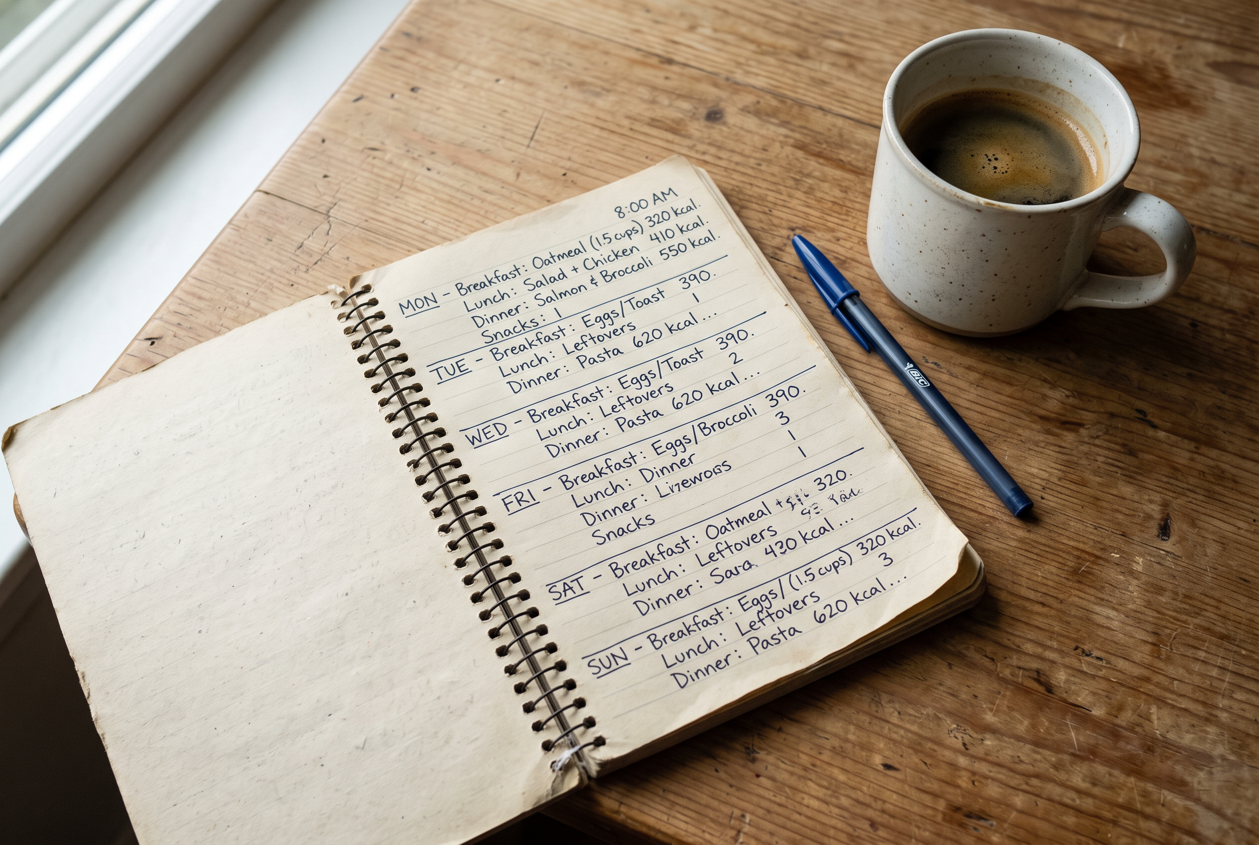 Handgeschriebener Ernährungsplan mit Zahlen, Kaffee und Notizbuch — Planung im Alltag