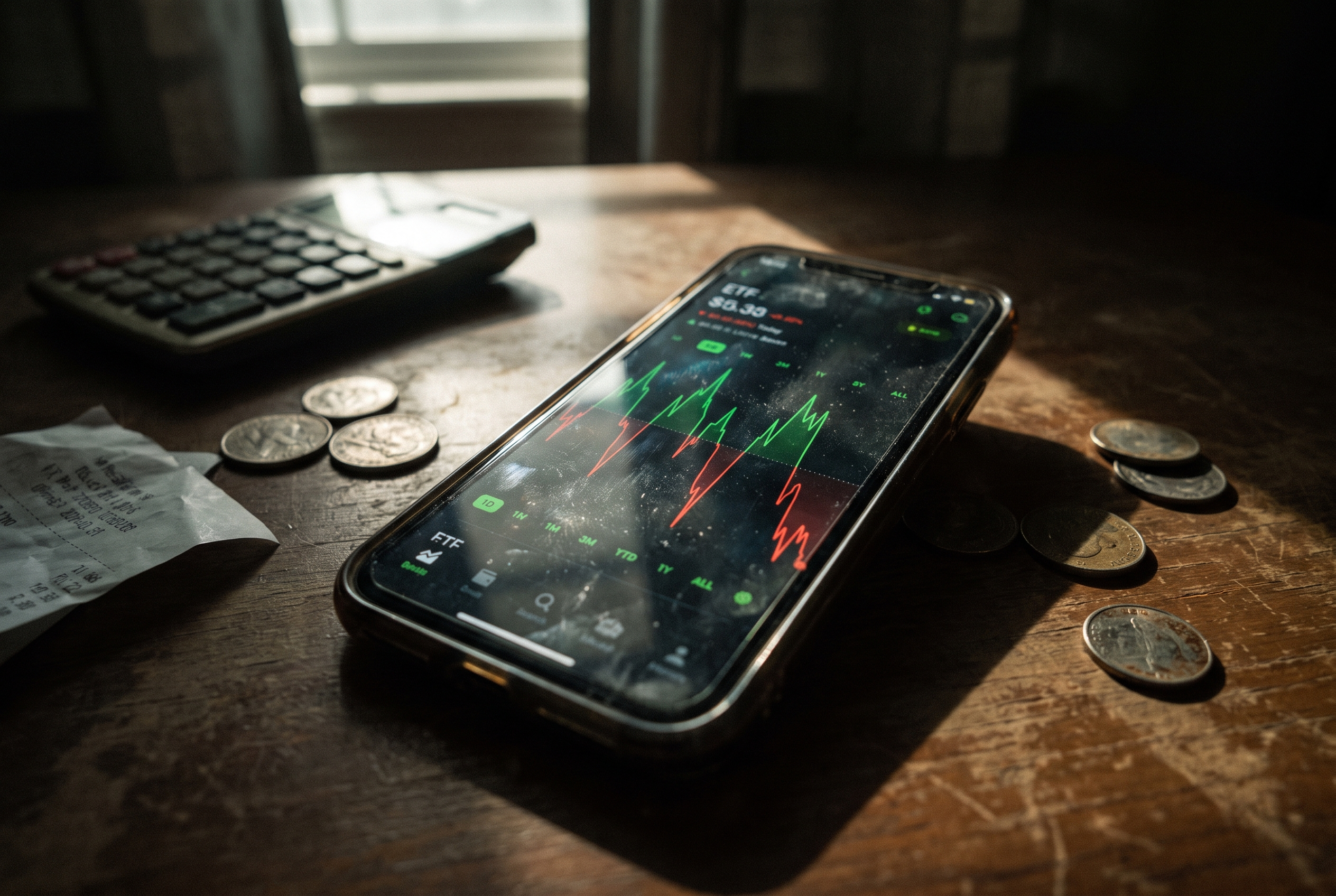 ETF für Anfänger 2026: Smartphone mit Portfolio-Chart auf dunklem Tisch