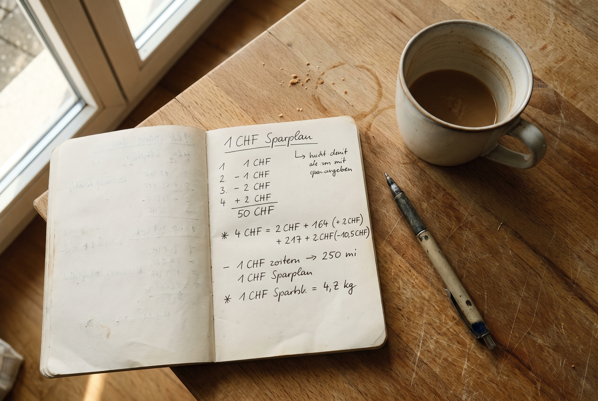Notizbuch mit ETF-Sparplan-Rechnung neben Kaffeetasse