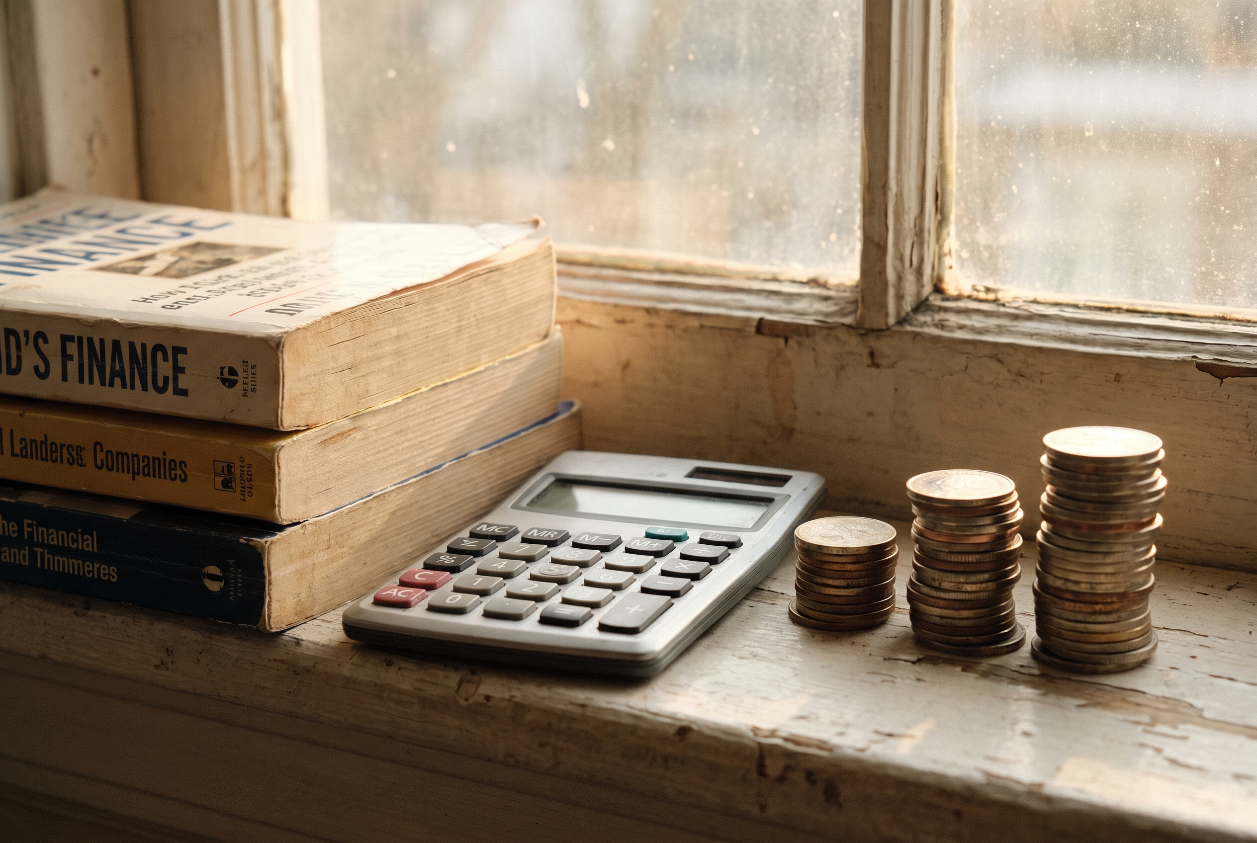 Finanzbücher und Münzstapel symbolisieren langfristigen Vermögensaufbau