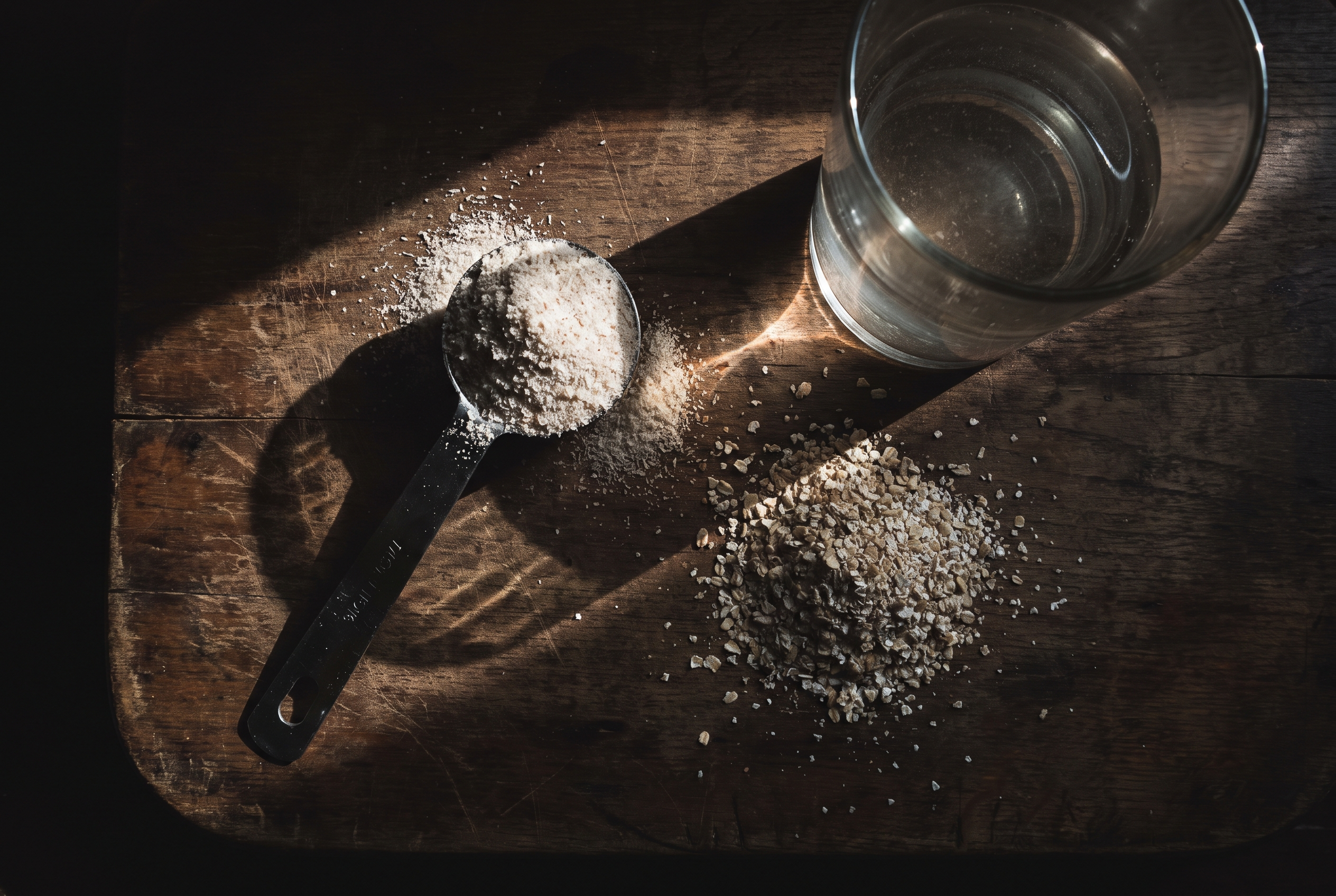 Fibermaxxing was bringt es wirklich: Flohsamenschalen und Haferkleie auf dunklem Holztisch