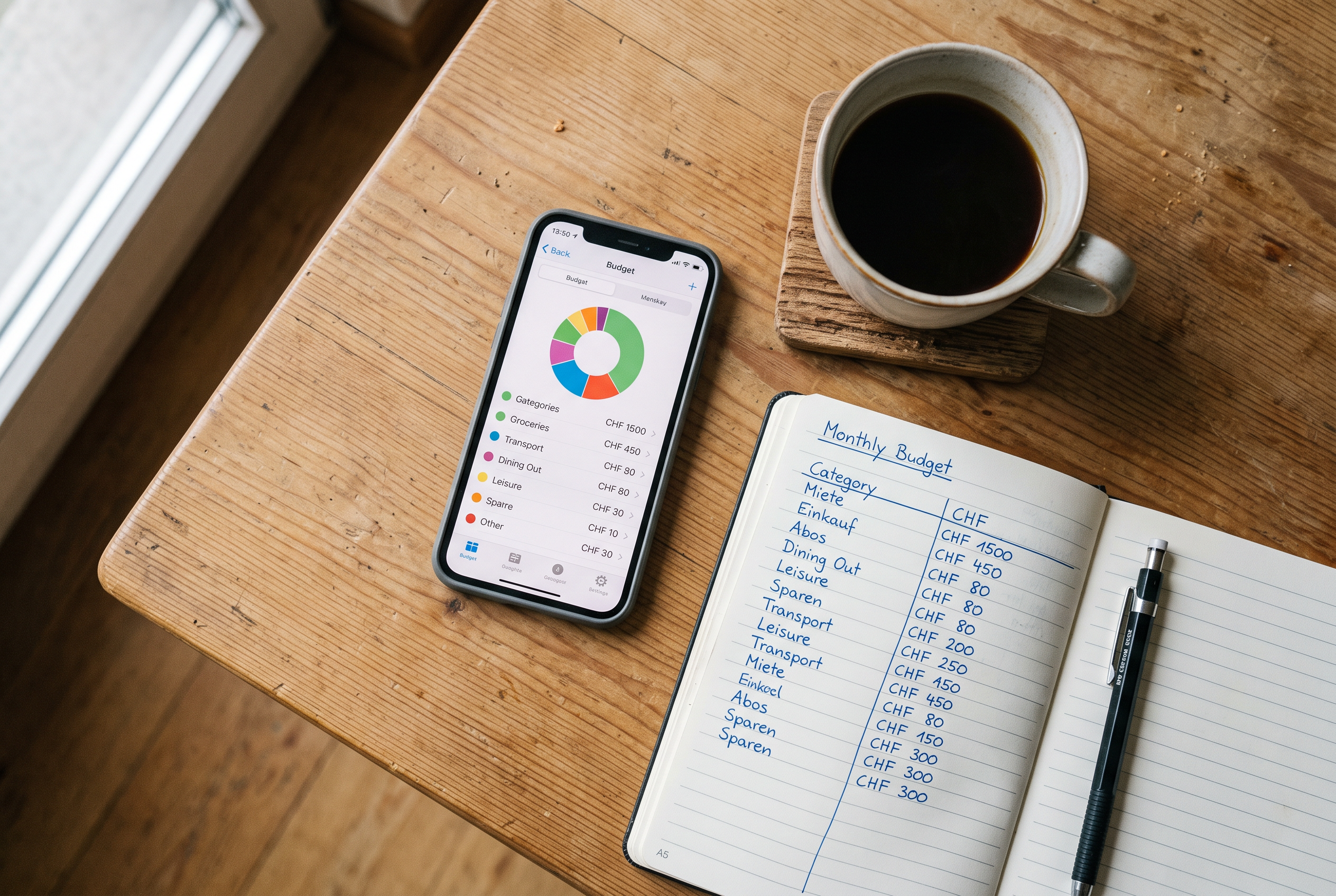 Ausgaben tracken – Smartphone mit Budget-App neben handschriftlichem Finanzplan und Kaffee