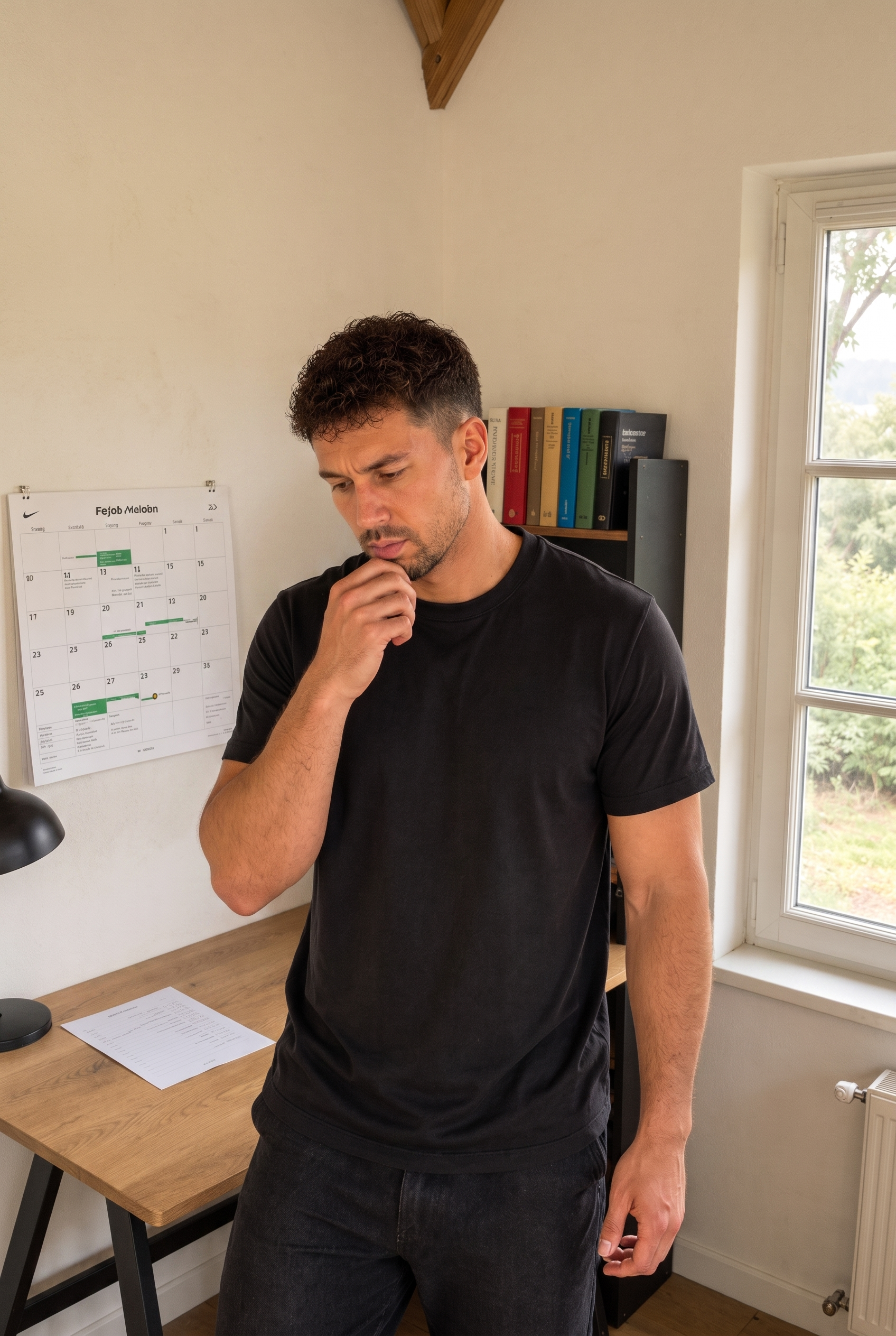 Fabian Waizenhöfer plant finanzielle Meilensteine – Wandkalender mit Zielen im Home-Office