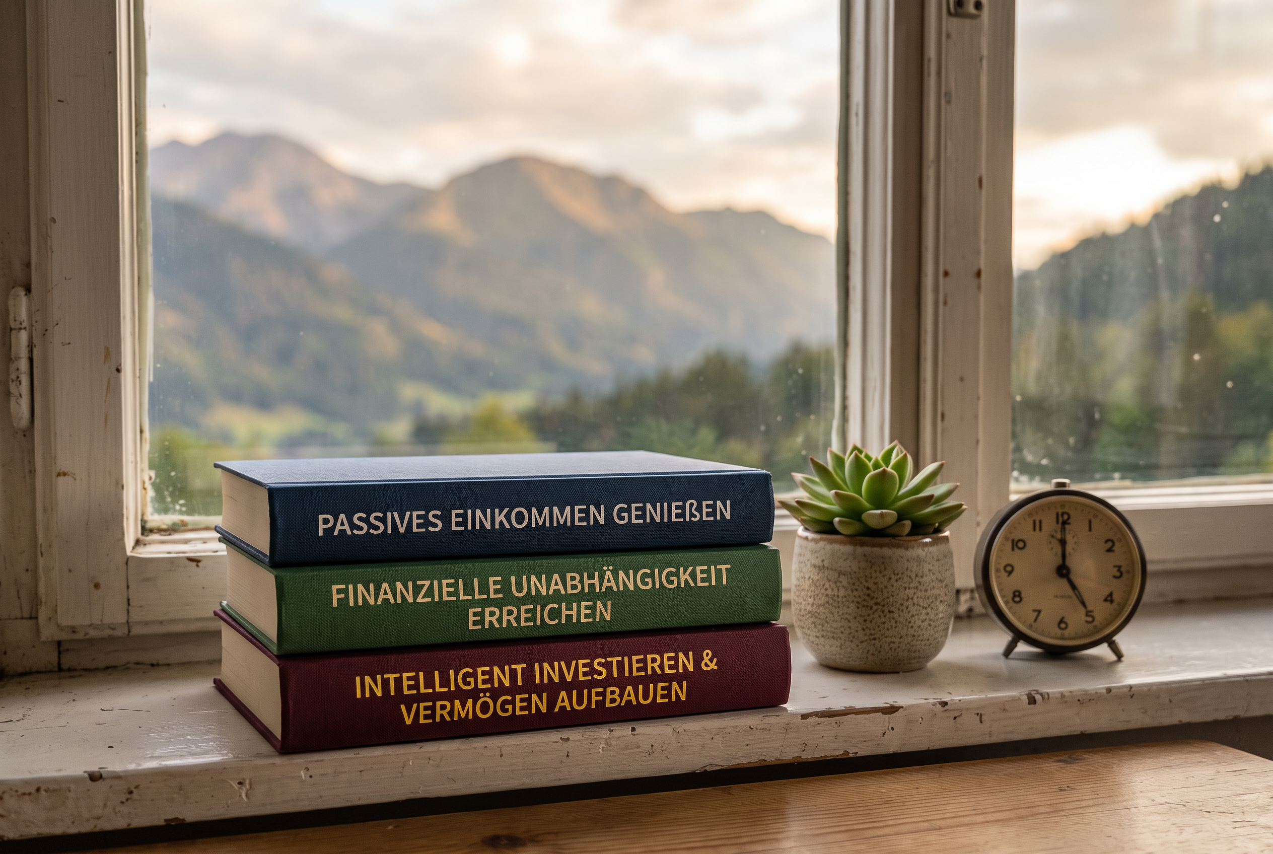 Bücher über passives Einkommen und finanzielle Freiheit auf Fensterbank mit Bergblick