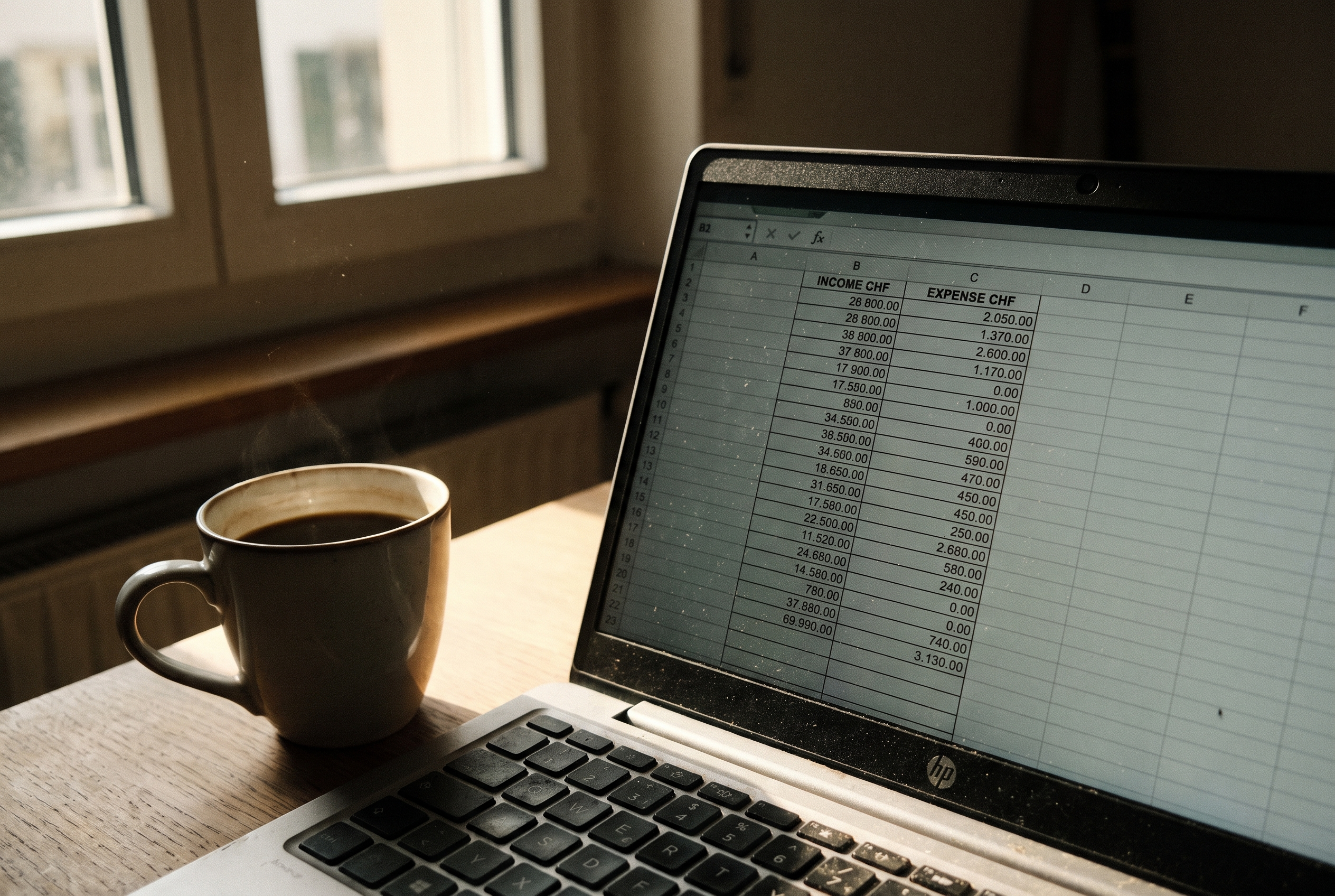 Laptop mit Einnahmen-Ausgaben-Tabelle in Franken – Ausgaben tracken ist der erste Schritt zur finanziellen Freiheit