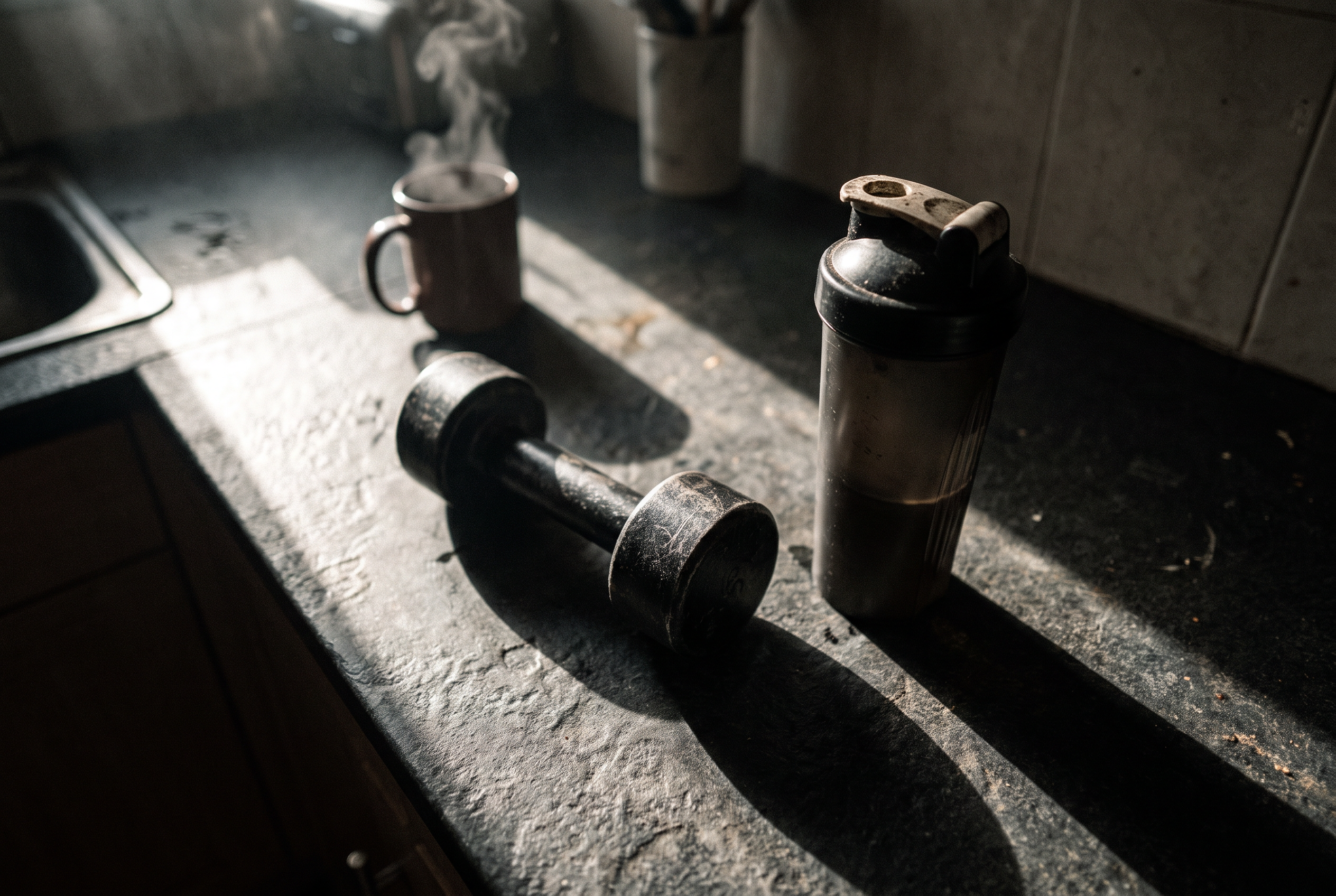 Frühstück Männer ab 30 – Protein-Shaker und Hantel auf Küchenarbeitsplatte im dramatischen Morgenlicht