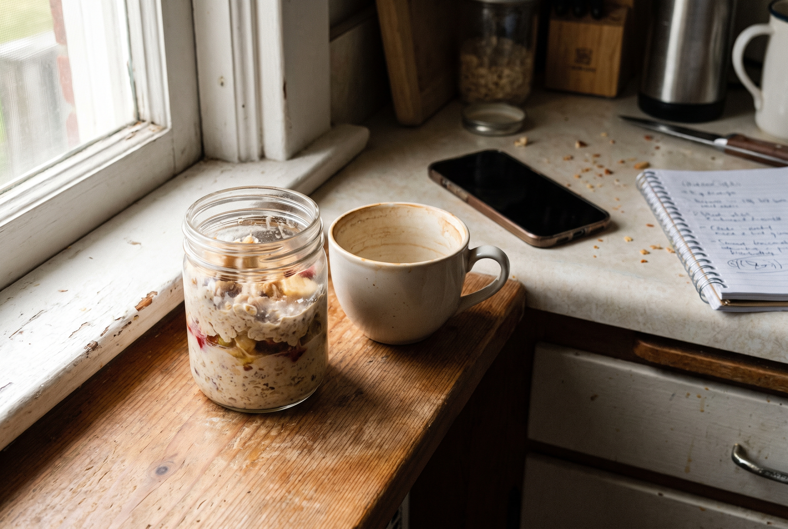 Overnight Oats im Glas neben Kaffeetasse – einfaches Frühstück für Männer ab 30
