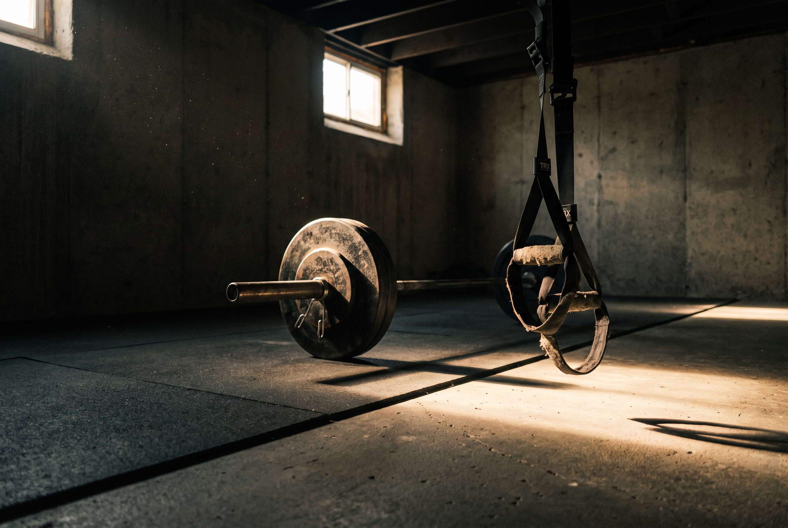 Functional Training ab 40 — Langhantel und TRX im harten Licht, Symbolbild für den Unterschied zwischen klassischem Krafttraining und Functional Training