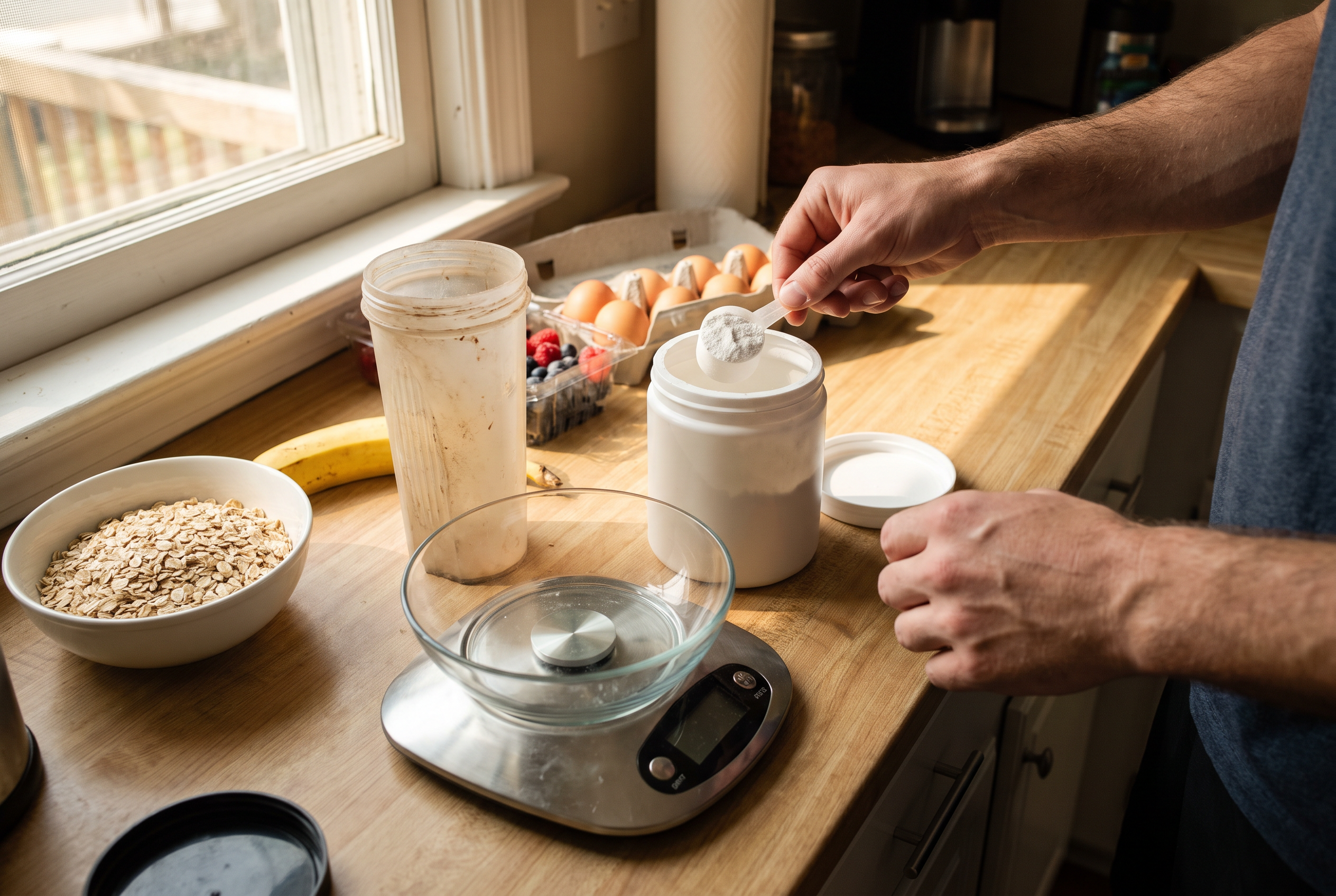 Whey-Protein, Kreatin und Küchenwaage — Ernährung für Muskelaufbau ab 40