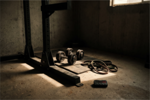 Home Gym einrichten kleines Budget – verstellbare Hanteln und Widerstandsbänder auf Trainingsmatte