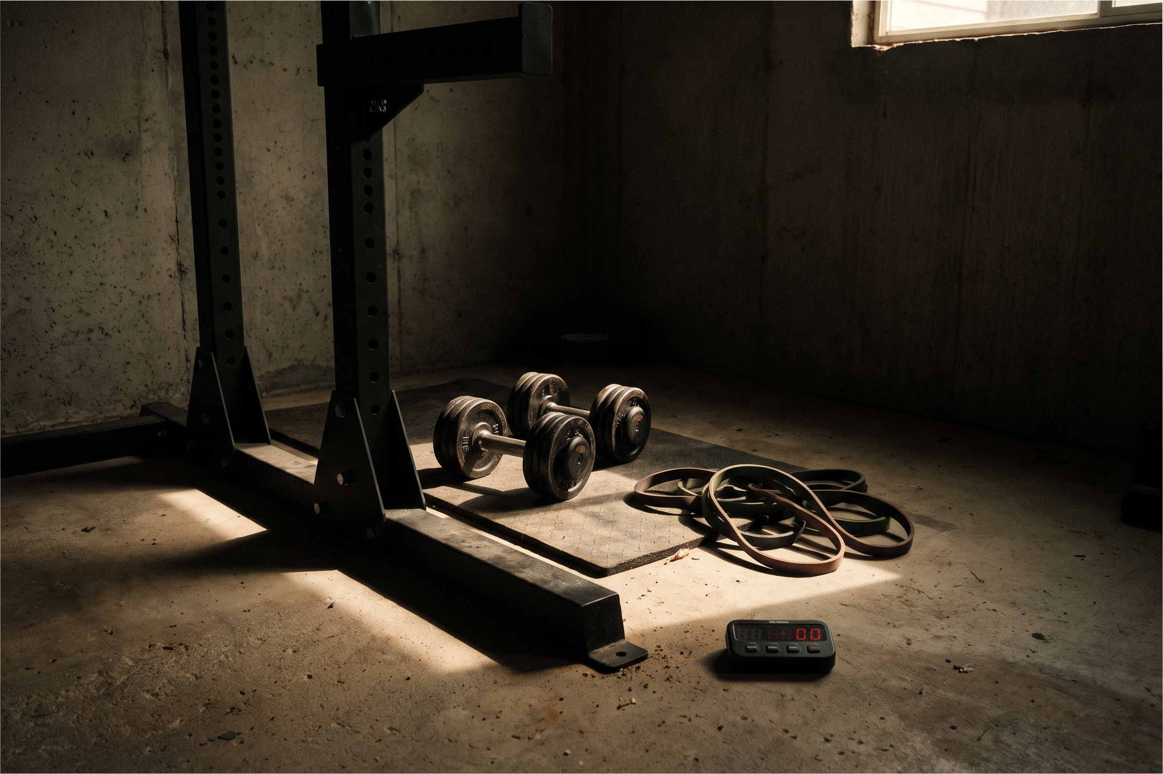 Home Gym einrichten kleines Budget – verstellbare Hanteln und Widerstandsbänder auf Trainingsmatte