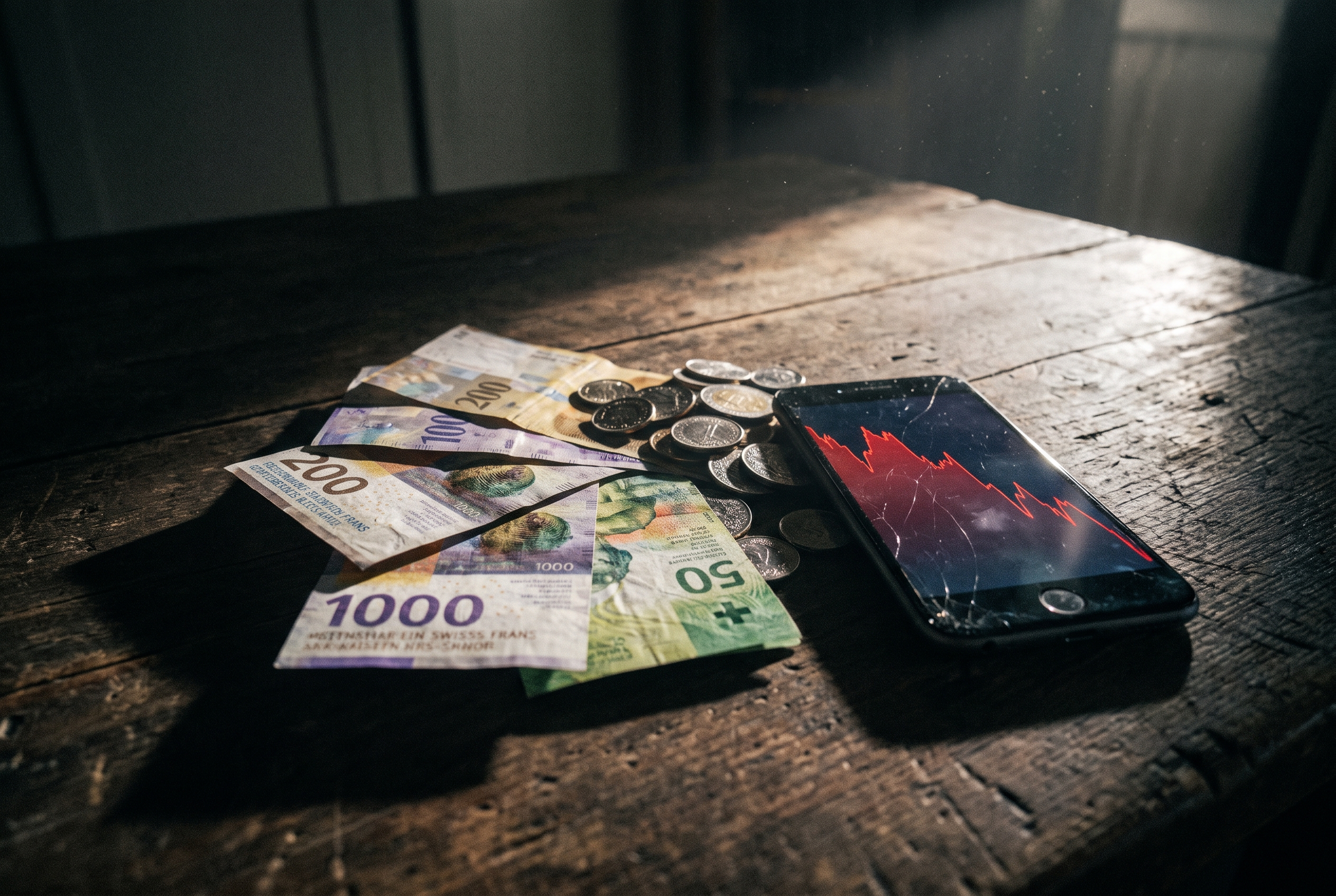 Schweizer Franken Banknoten und Münzen neben Smartphone mit fallendem Chart — Inflation Geld schützen