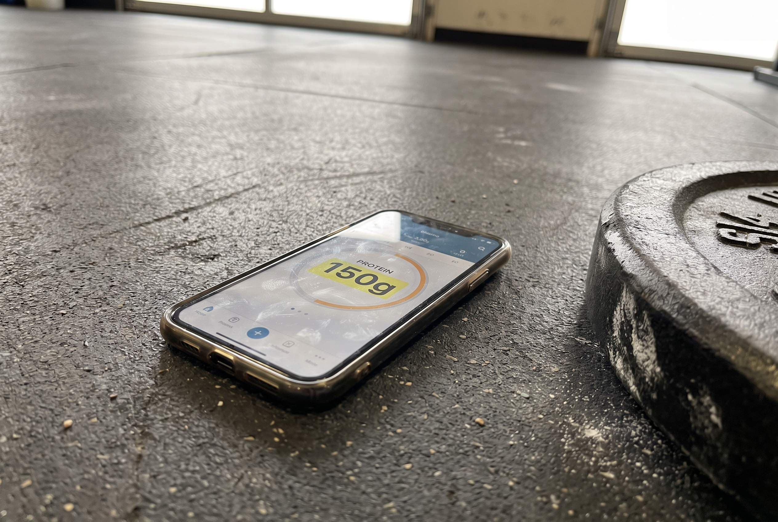 Tracking-App für Kaloriendefizit und Proteinzufuhr auf Smartphone neben Hantelscheibe