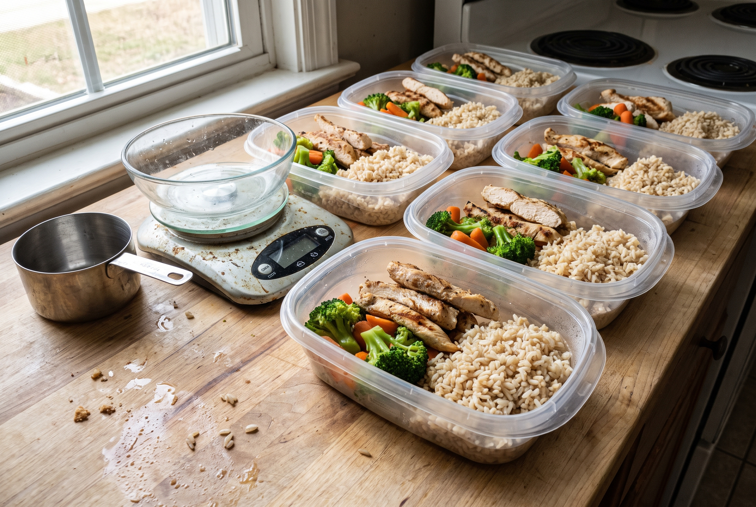 Meal Prep Boxen mit abgewogenen Portionen für moderates Kaloriendefizit