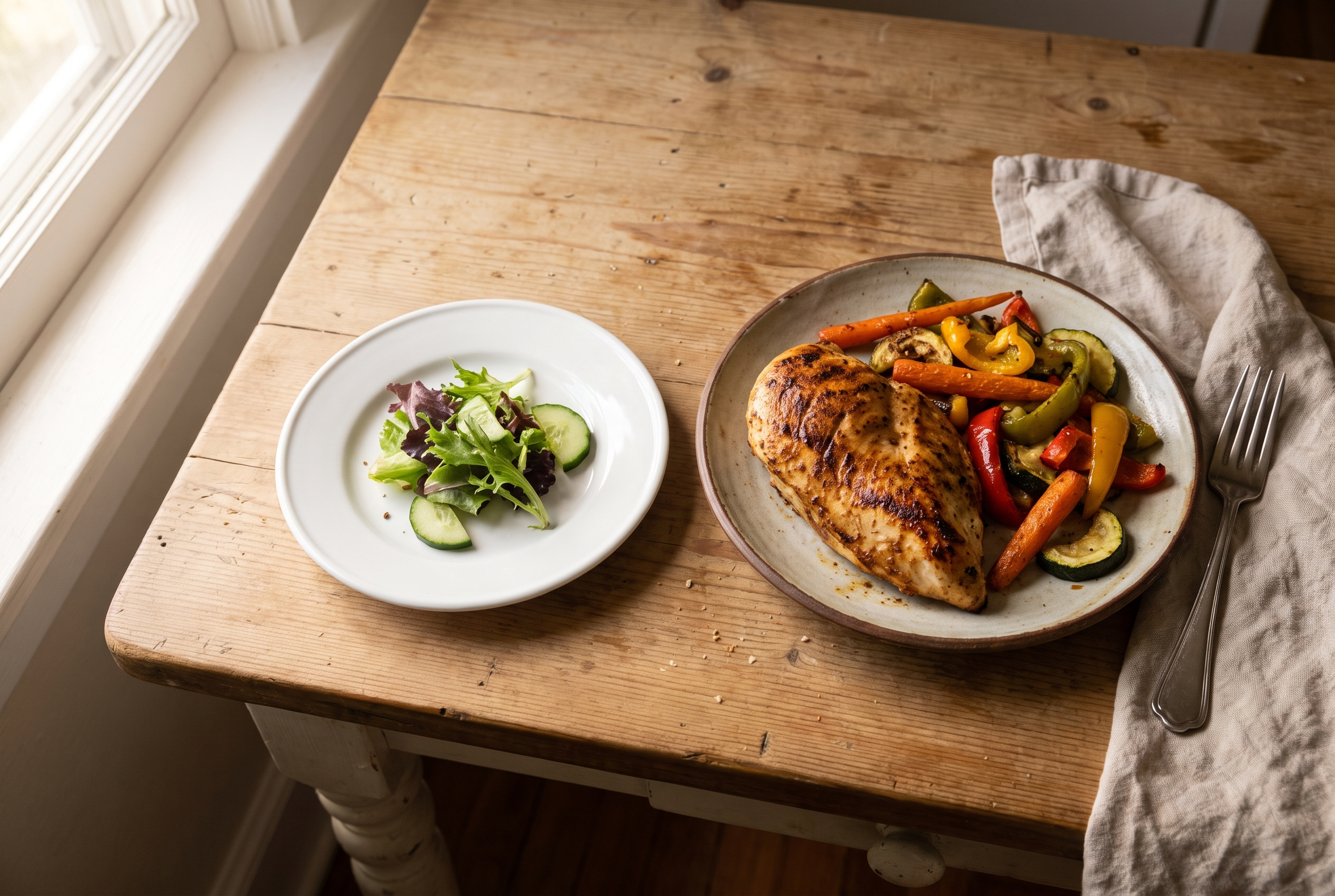 Proteinreiche Mahlzeit neben kleiner Portion — Ernährung bei GLP-1-Therapie